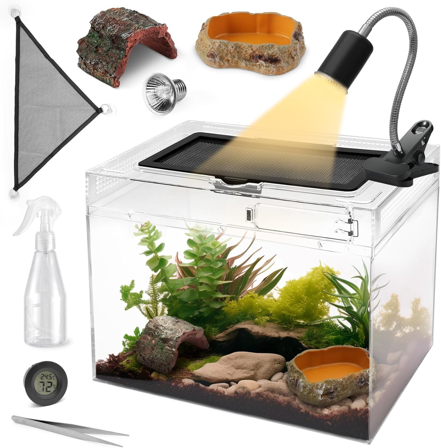 AZV Reptile Terrarium Starter Kit,8 Piece Small Reptile Tank with Escape-Proof Locks,Mesh Top,Multi-Vent Compatible Habitat,Durable Clear PC,Easy-Clean Waterproof Base for Geckos,Frogs,Spiders XLarge