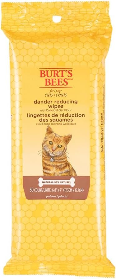 Burt’s Bees for Pets Cat Dander Remover Wipes, Colloidal Oat Flour and Aloe to Soothe Dry Skin and Reduce Flaking, Unscented Grooming Cloths for Cats and Kittens, 50 Count