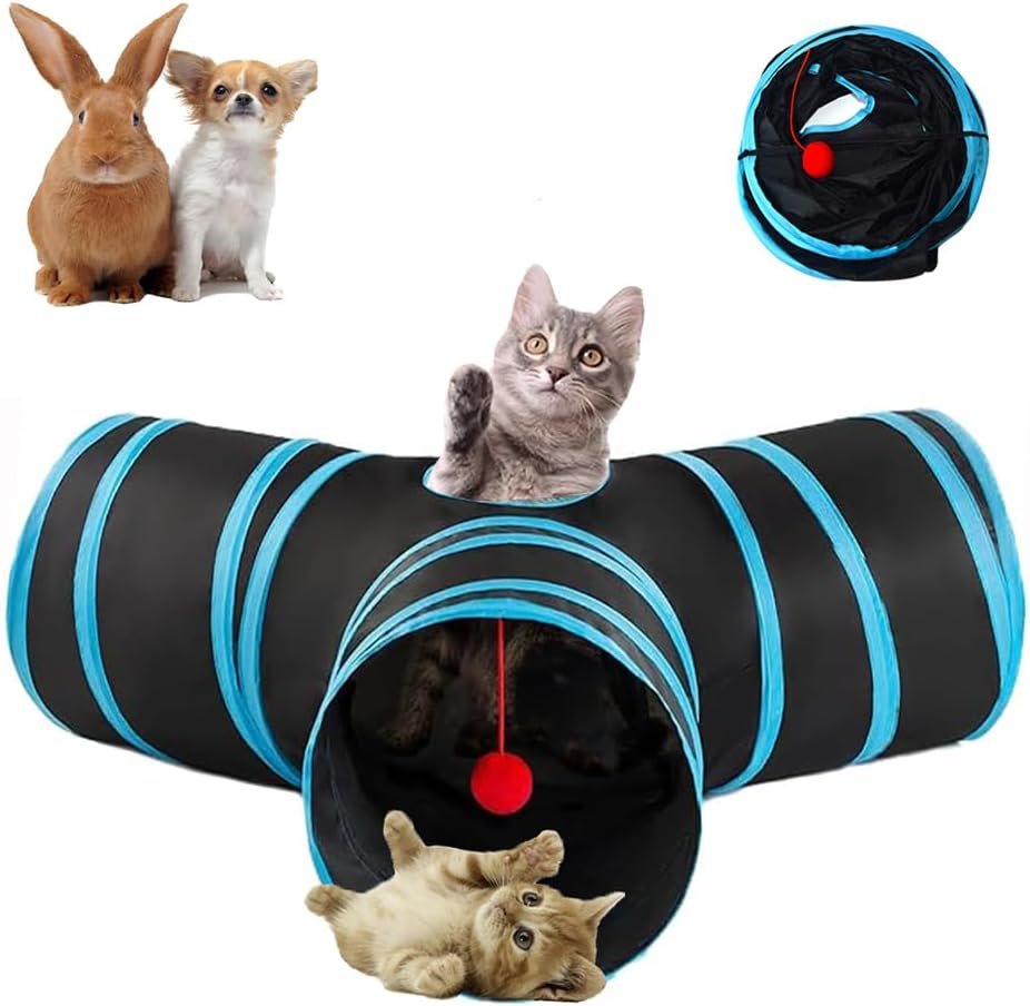 Cat Tunnel Tube Toy Collapsible 3 Way Black Blue, Pet Tunnels for Indoor Cats, Play Tubes with Hanging Ball Perfect Interactive Toys for Fun Playtime & Exercise for Kitten, Puppy, Rabbit