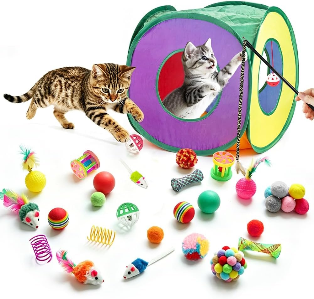 Retro Shaw Cat Toys for Indoor Cats, 33 Pack, Interactive Kitten Toys with Collapsible Kitty Tunnel Tent Feather Wand Springs Balls Bells Mouse Kitty Toys 15.7 Inches for All Breeds