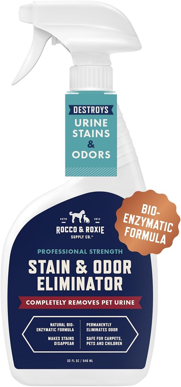 Rocco & Roxie Supply Co. Stain & Strong Odor Eliminator, Enzyme Cleaner, Pet Odor Eliminator for Home – Carpet Stain Remover for Cats & Dog Pee – Urine Destroyer – Carpet Cleaner Spray Clear, 32 Fl Oz