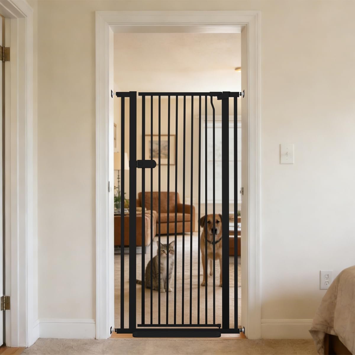 Lumizone Extra Tall Cat Gate 55.12″ High Pressure Mounted 29.92″-34.24″ Extra Wide 1.37″ Gap No Drilling Auto-Close One-Handed Operation Tall Pet Gate for Dogs(Black, 55.12″ H x 29.92″-34.24″ W)