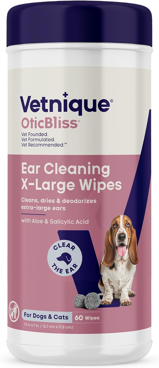 Vetnique Oticbliss Cat & Dog Ear Wipes – Dog Ear Infection Wipes or Dog Ear Cleaner Wipes for Dirty, Waxy, Smelly Ears, Odor Control with Aloe Vera & Salicylic Acid (X-Lg Ear Cleaning Wipes (60ct))