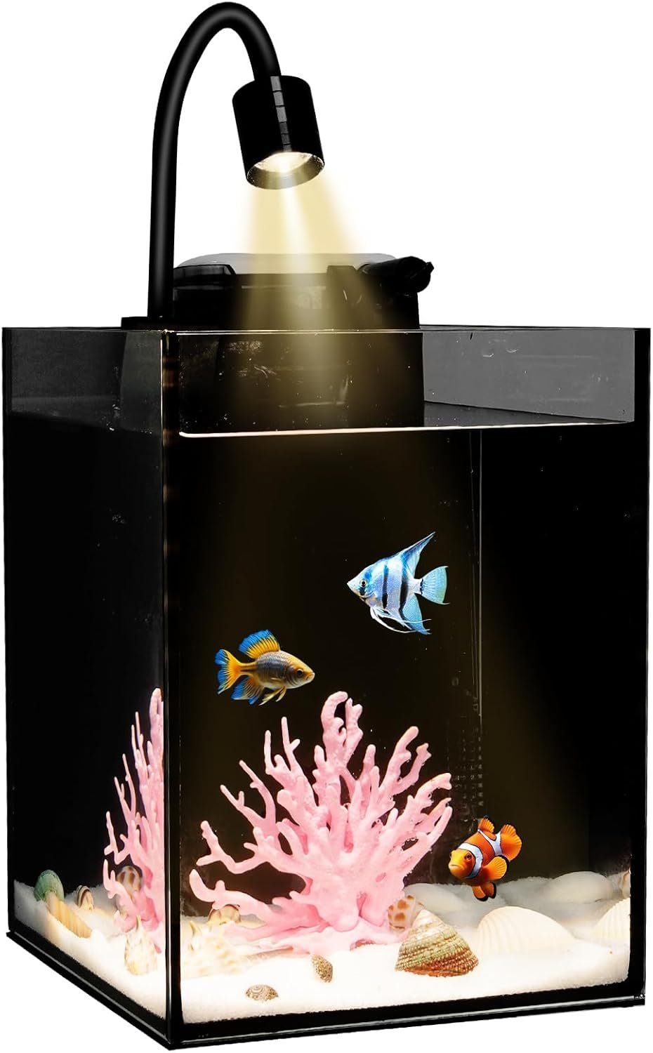 Desktop Aquarium Mini Tank Kit, 1.2 Gallon Rimless Cube with Filter, LED Spotlight, Black Background, Glass Construction, Pipette for Betta Fish, Guppies, Tetras