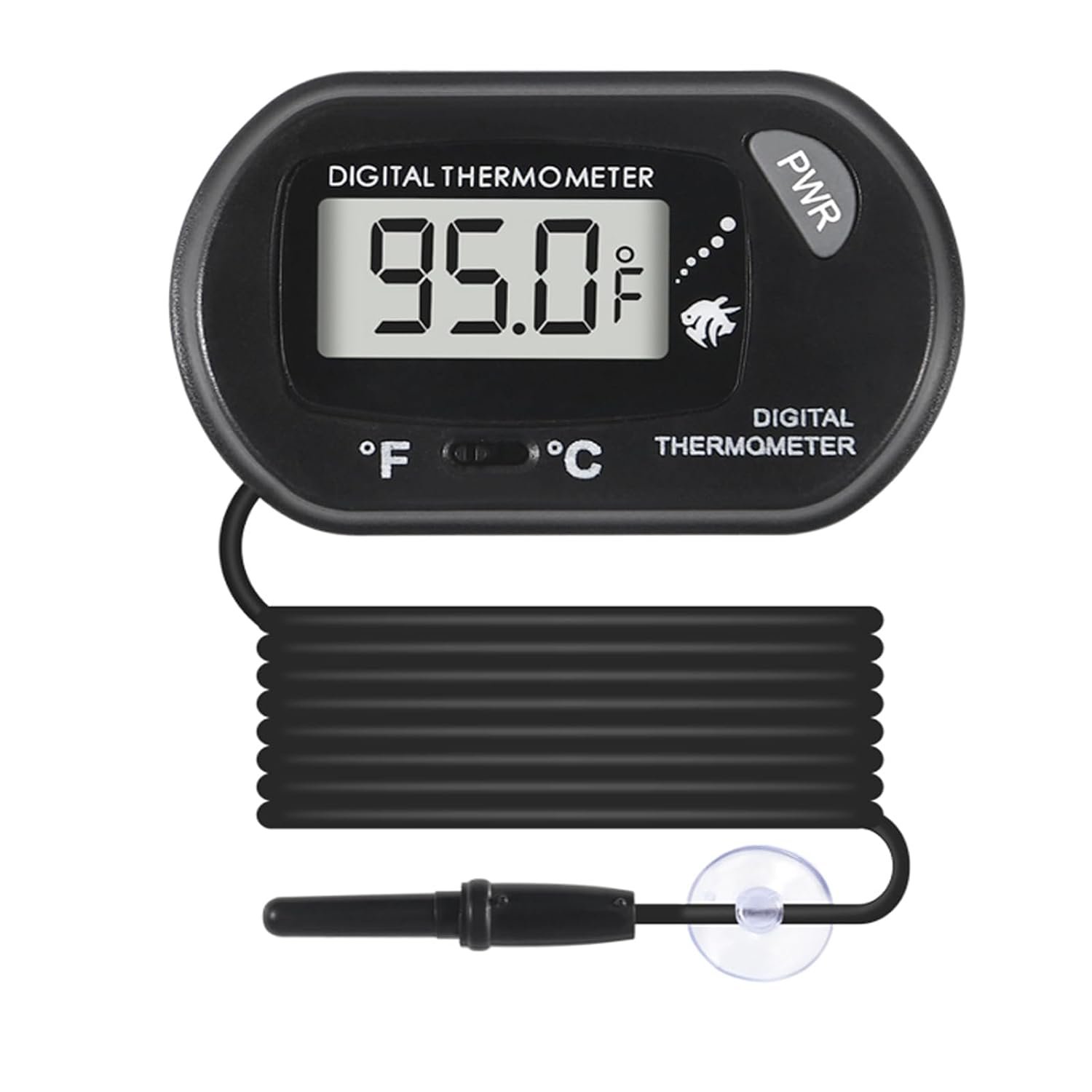 Digital Aquarium Thermometer with LCD Display – Water-Resistant Sensor Probe and Suction Cup for Fish and Reptile Tanks (Fahrenheit/Celsius)