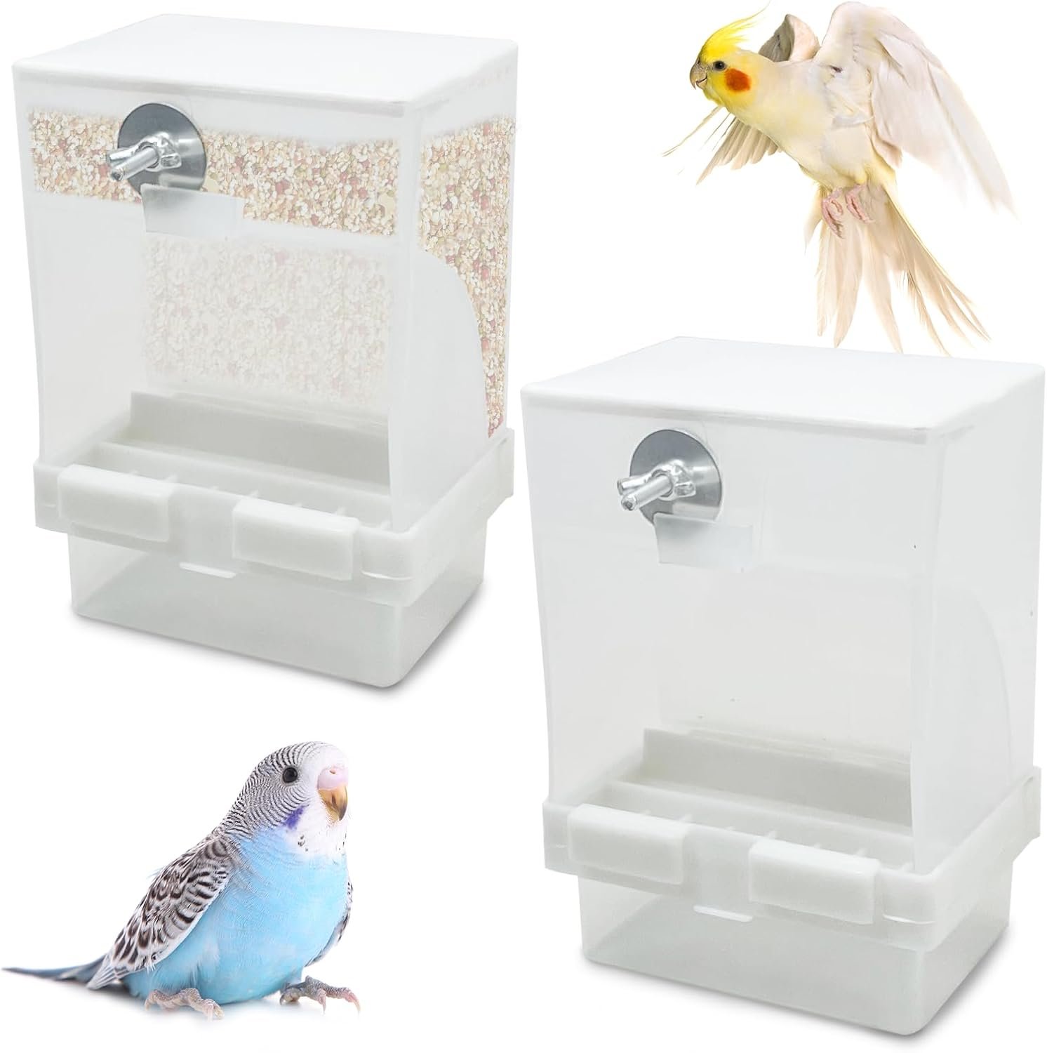 Tfwadmx 2 Pcs No Mess Automatic Bird Feeders Cockatiel Food Dispenser Bowls Seed Container Parrot Dishes Parakeet Cage Accessories Bird Feeder with Divider for Canary Finch Conure Lovebirds