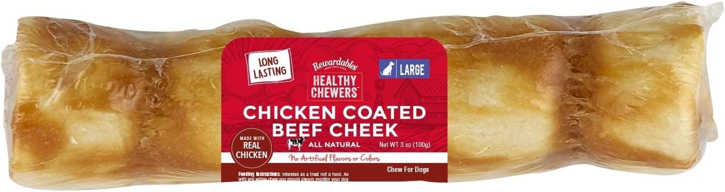 Rewardables Chicken Coated Beef Cheek Rolls for Dogs [9 Inch] — Long Lasting Chew, All Natural, No Artificial Flavors, 1 Large Roll — Aggressive Chewers, Large & Giant Dogs