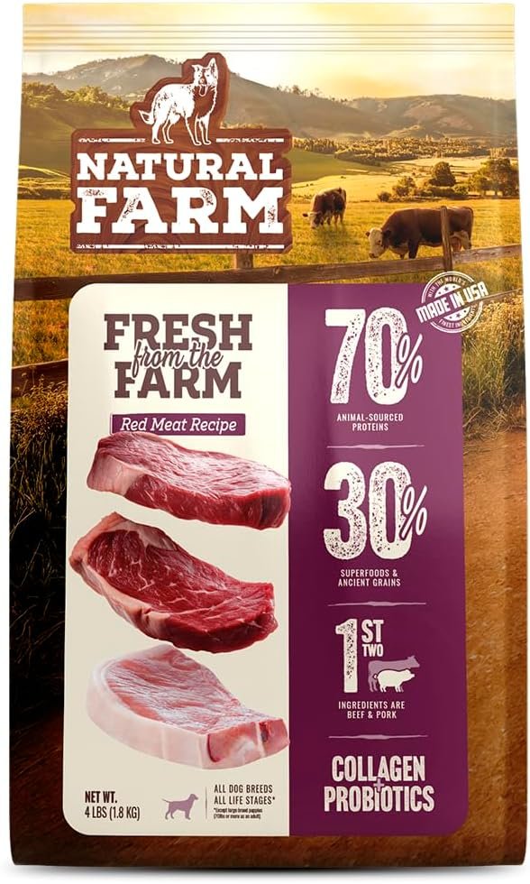 Natural Farm High Protein Dry Dog Food for All Life Stages with Collagen, Every Bag Contains 70% Beef & Pork and 30% Ancient Super Food Grains, Complete and Balanced Nutrition, 4Lb Bag.