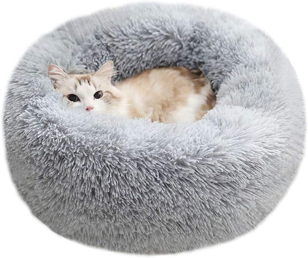 Modern Soft Plush Round Pet Bed for Cats or Small Dogs, Mini Medium Sized Dog Cat Bed Self Warming Autumn Winter Indoor Snooze Sleeping Cozy Kitty Teddy Kennel (20” D x 8” H, Light Grey)