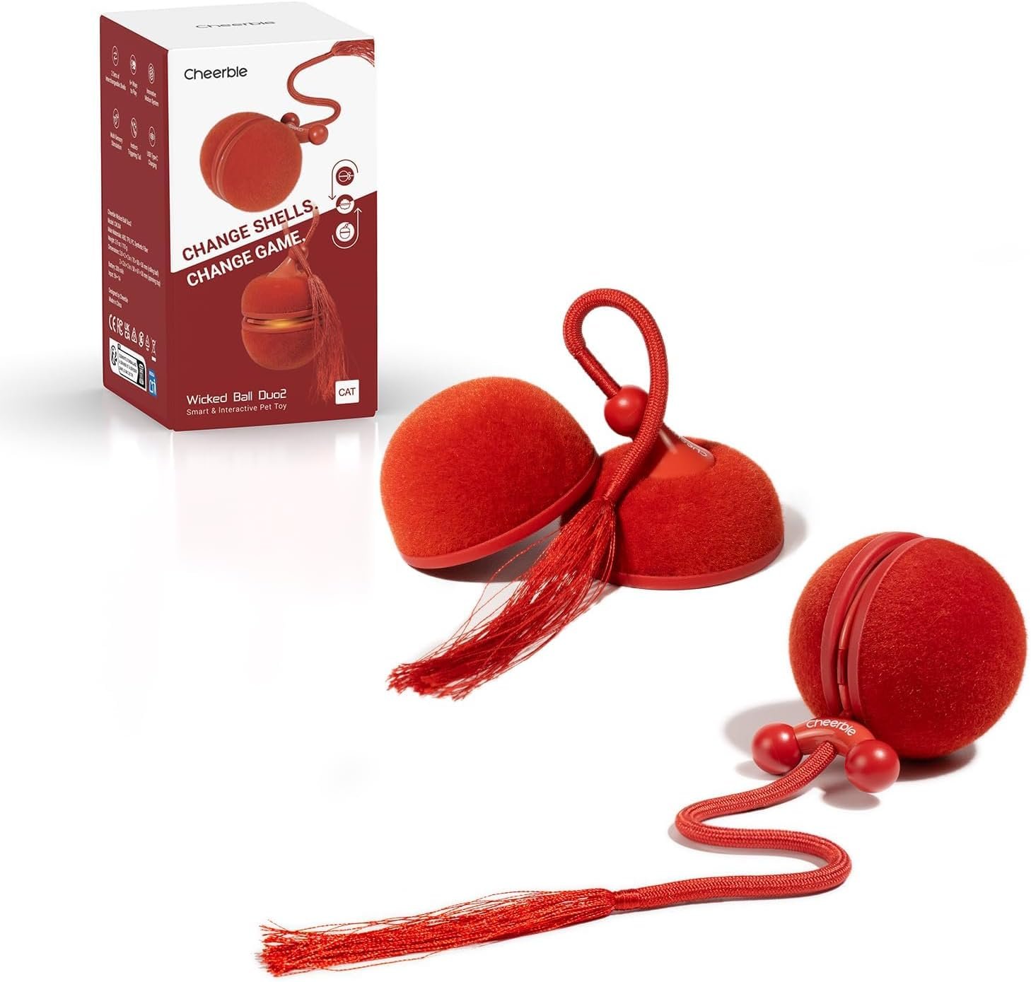 Cheerble 2 in 1 Interactive Cat Toys for Indoor Cats – Wicked Ball Duo2 Automatic Cat Toy, Dual Interchangeable Shells, Electric Moving Cat Ball with Tail & Chirping Sounds, Red