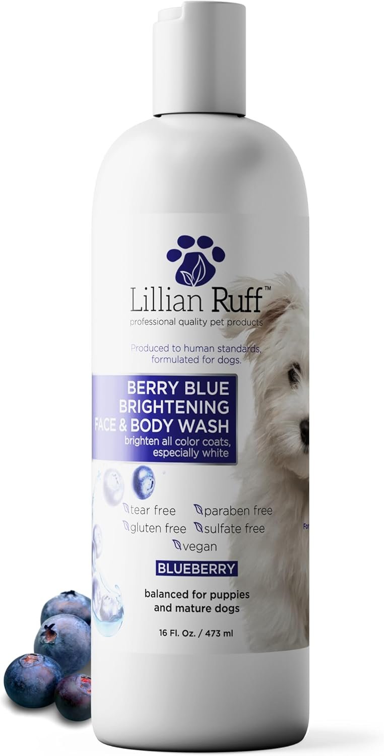 Lillian Ruff PRO Formula Berry Blue Brightening Pet Shampoo – Ultra-Hydrating Professional Whitening Dog Shampoo, Vivid Show-Quality Coat Enhancer, Tear Stain & Odor Eliminator With ProVitamin B5 16oz