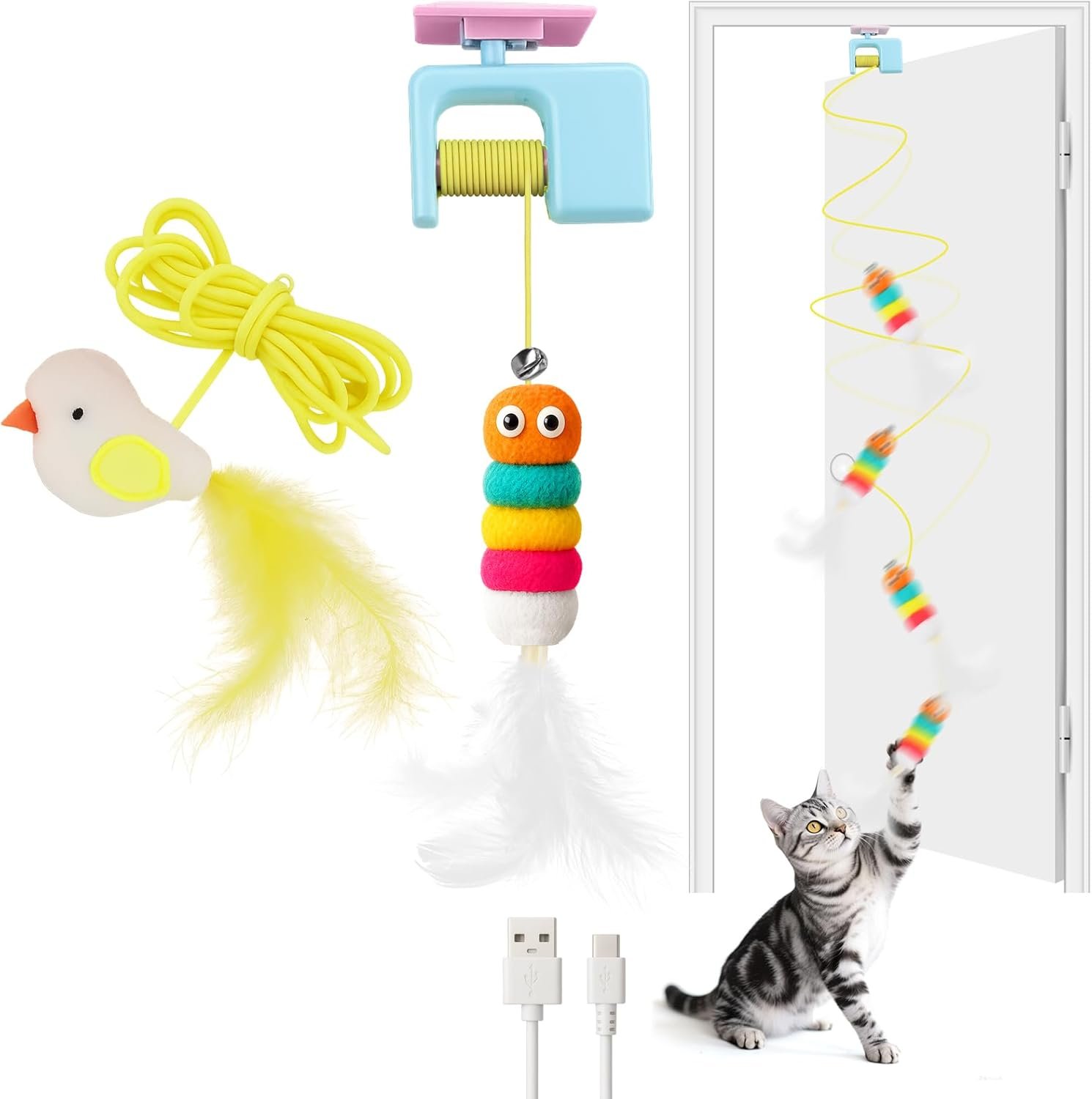 AIERSA Interactive Cat Toys for Indoor Cats,Automatic Cat Hanging Toys for Bored Indoor Adult Cats, Caterpillar and Flying Bird Toy for Door Frame, Self-Play Pet Chase Toy-Blue