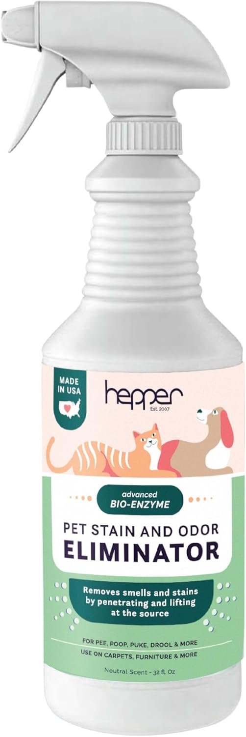 Hepper Advanced Bio-Enzyme Pet Stain & Odor Eliminator Spray – Smell, Stain & Urine Remover for Cats, Dogs & Other Animals – 32oz Spray Safe for the Home – Neutral