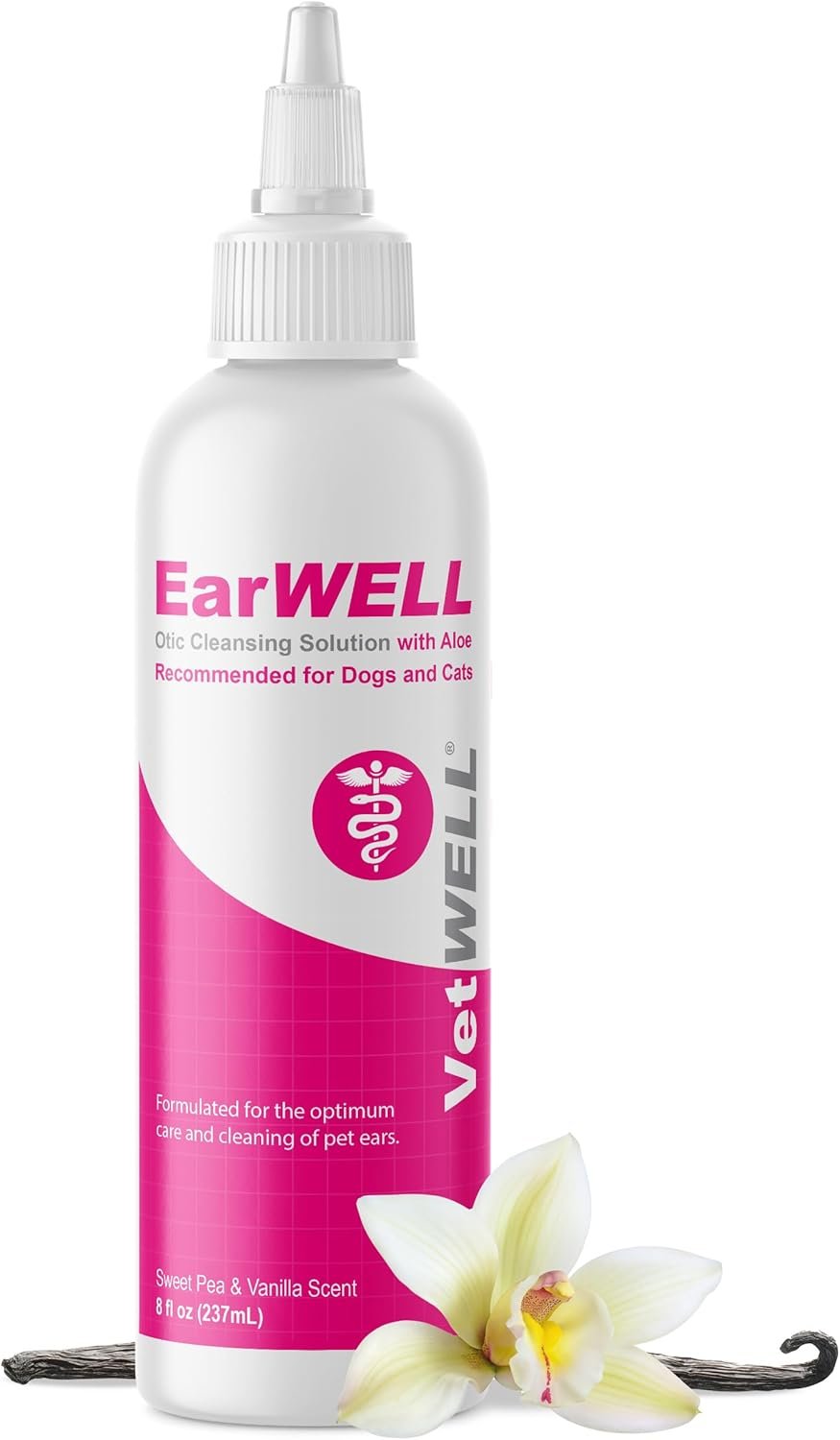 VetWELL Ear Cleaner for Dogs and Cats – Otic Rinse for Infections and Controlling Ear Infections and Odor in Pets – 8 oz (Sweet Pea Vanilla)