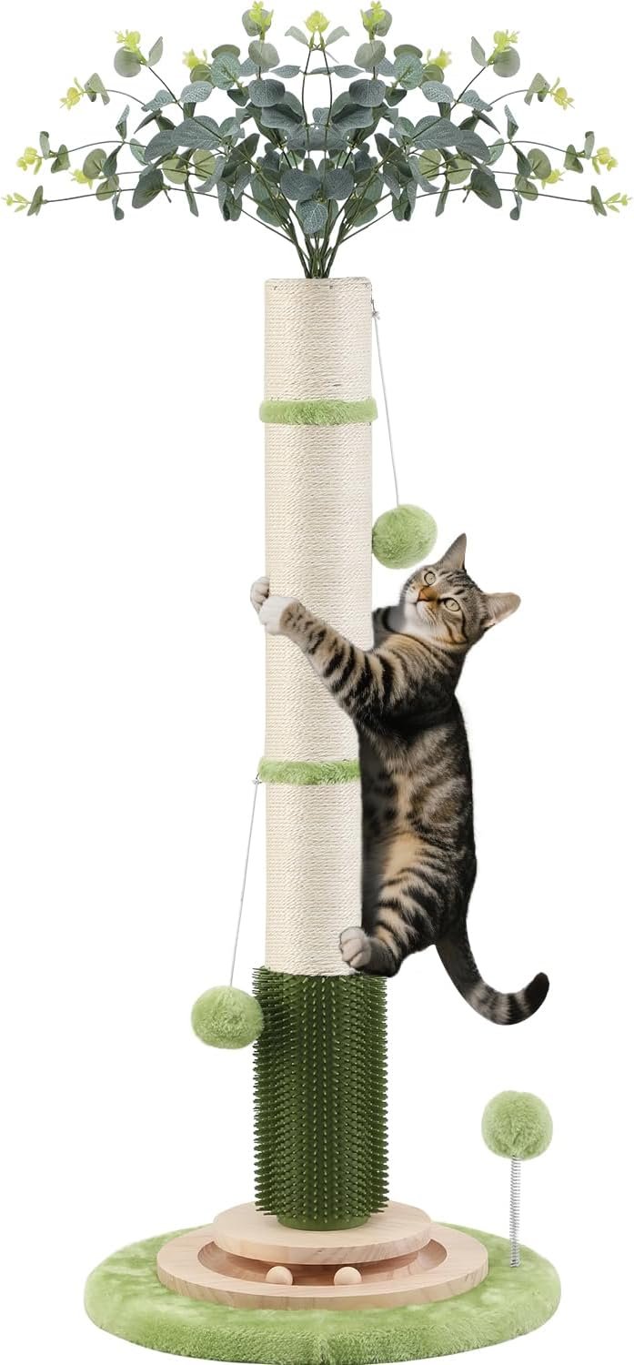 45” Tall Cat Scratching Post,3.5Inch Diameter Sisal Rope Scratching Post for Indoor Cats Adults Kittens,Cat Scratcher with Interactive Ball Toys Self Groomer Brush for Large Cats