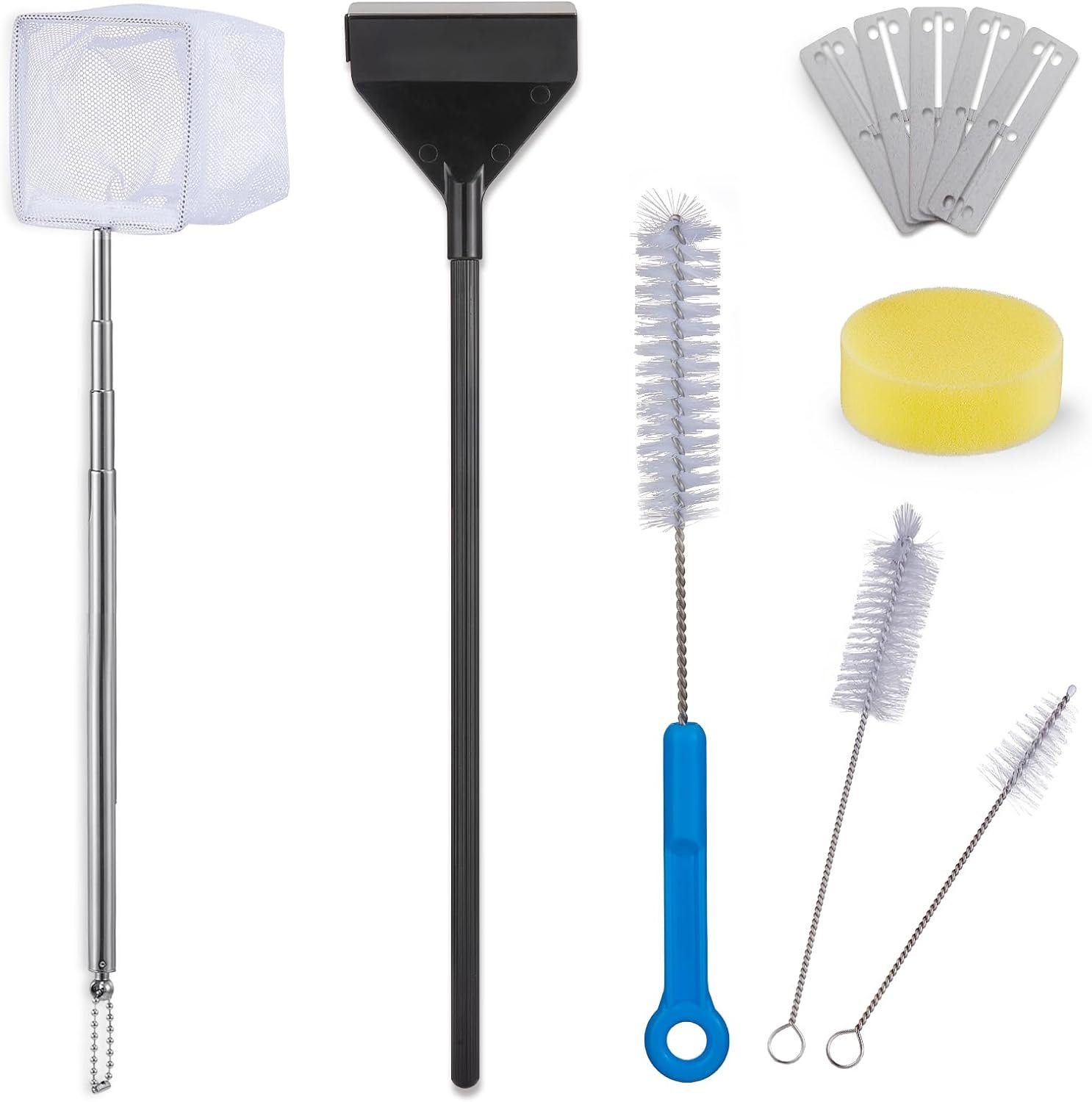 URUQ Fish Tank Cleaning Kit: Algae Scraper for Aquariums Glass Scrubber Cleaner Tools with Handle – 7 in 1 Betta Fish Tanks Cleaning Accessories Set Including Fishing Net Sponge Brush Pump Brush