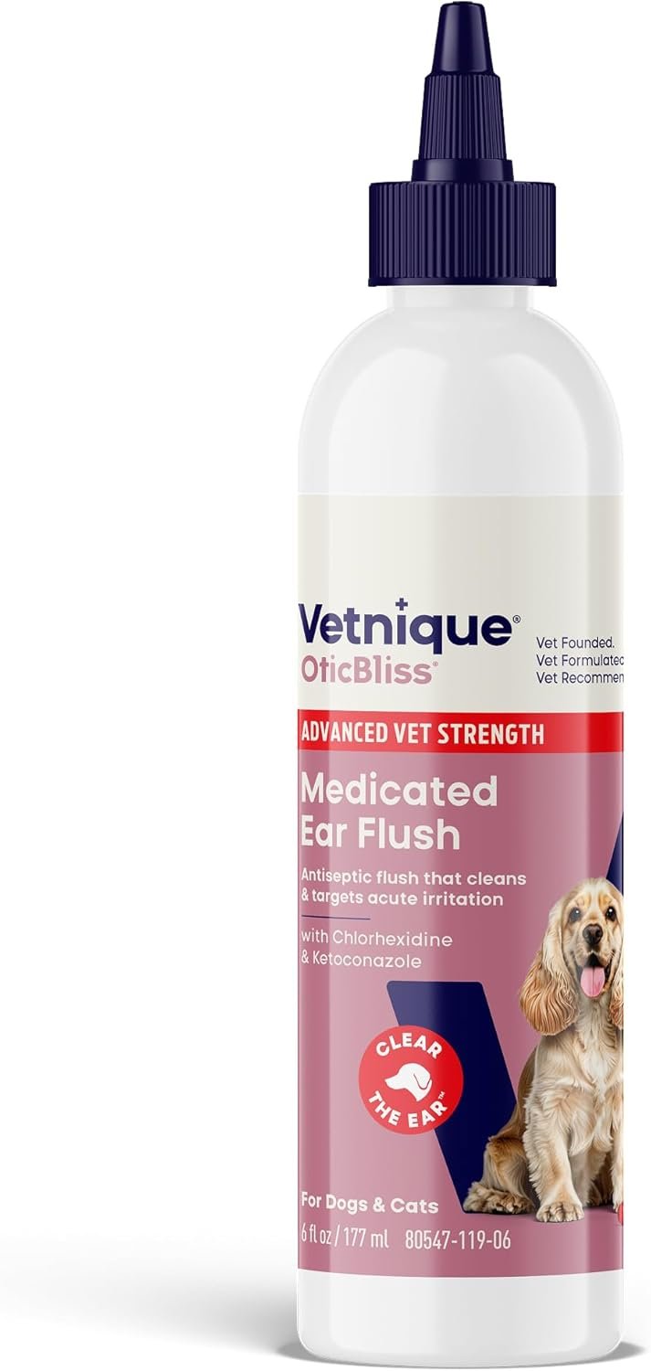 Vetnique Oticbliss Dog Ear Infection Treatment Flush & Ear Cleaner for Dogs & Cats, Antiseptic Antifungal with 0.2% Chlorhexidine and 0.2% Ketoconazole, Medicated Wash for Yeasty Smell, Floppy Ears