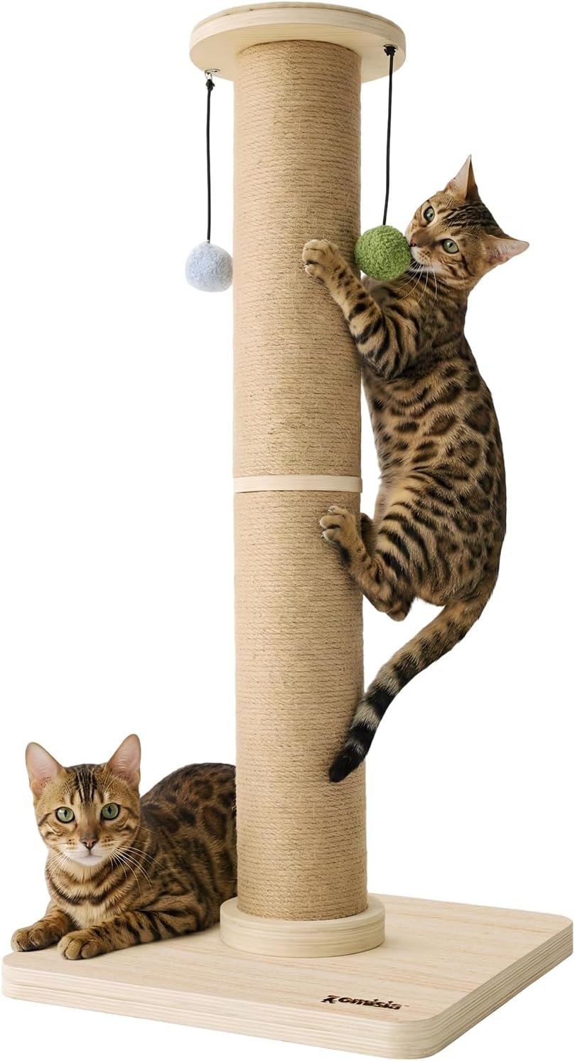 ZOMISIA 35” Tall Cat Scratching Post, 4.7” Large Scratch Post with Thicken Wooden Base for Indoor Cats Adults, Sisal Scratcher Top & Dangling Balls, Super Sturdy