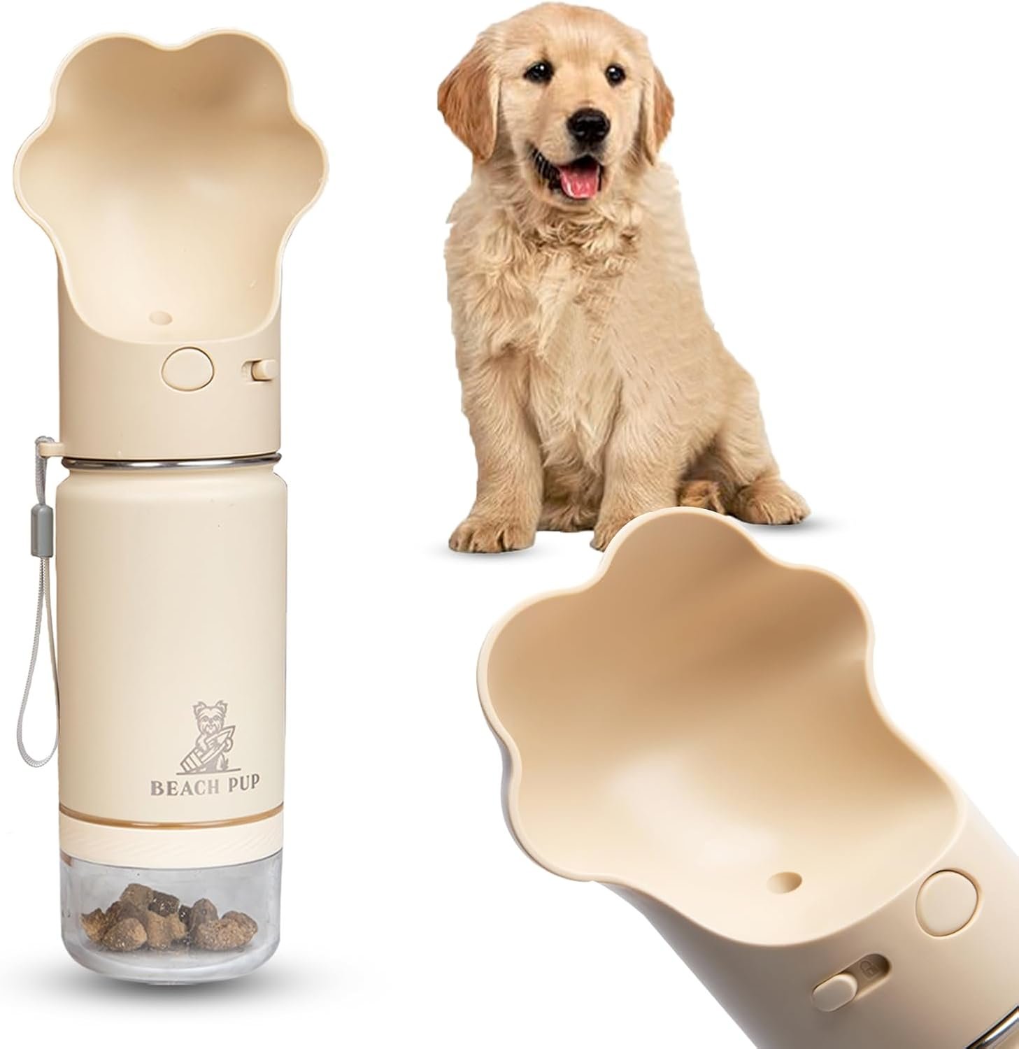 Dog Portable Water Bottle Stainless Steel 10 oz with Food Container – Pet Water Bottle – Cream Portable Dog Water Dispenser with Bowl and Container