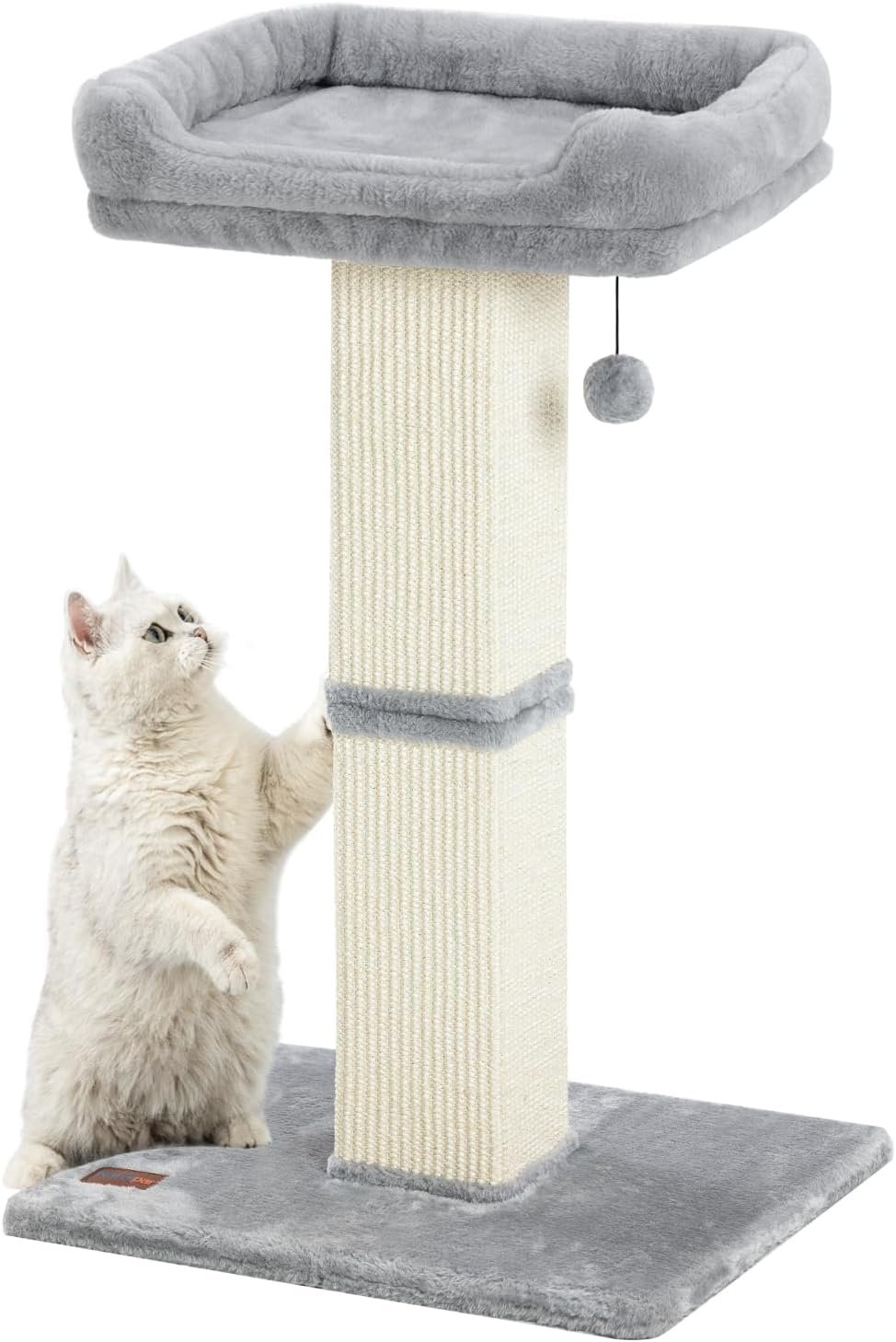 Karolpar 32″ Cat Scratching Post for Indoor Cats, Sisal Cat Scratcher with Plush Perch, Large Scratch Post with Bed, Removable Cover, Sisal Fabric,Light Grey