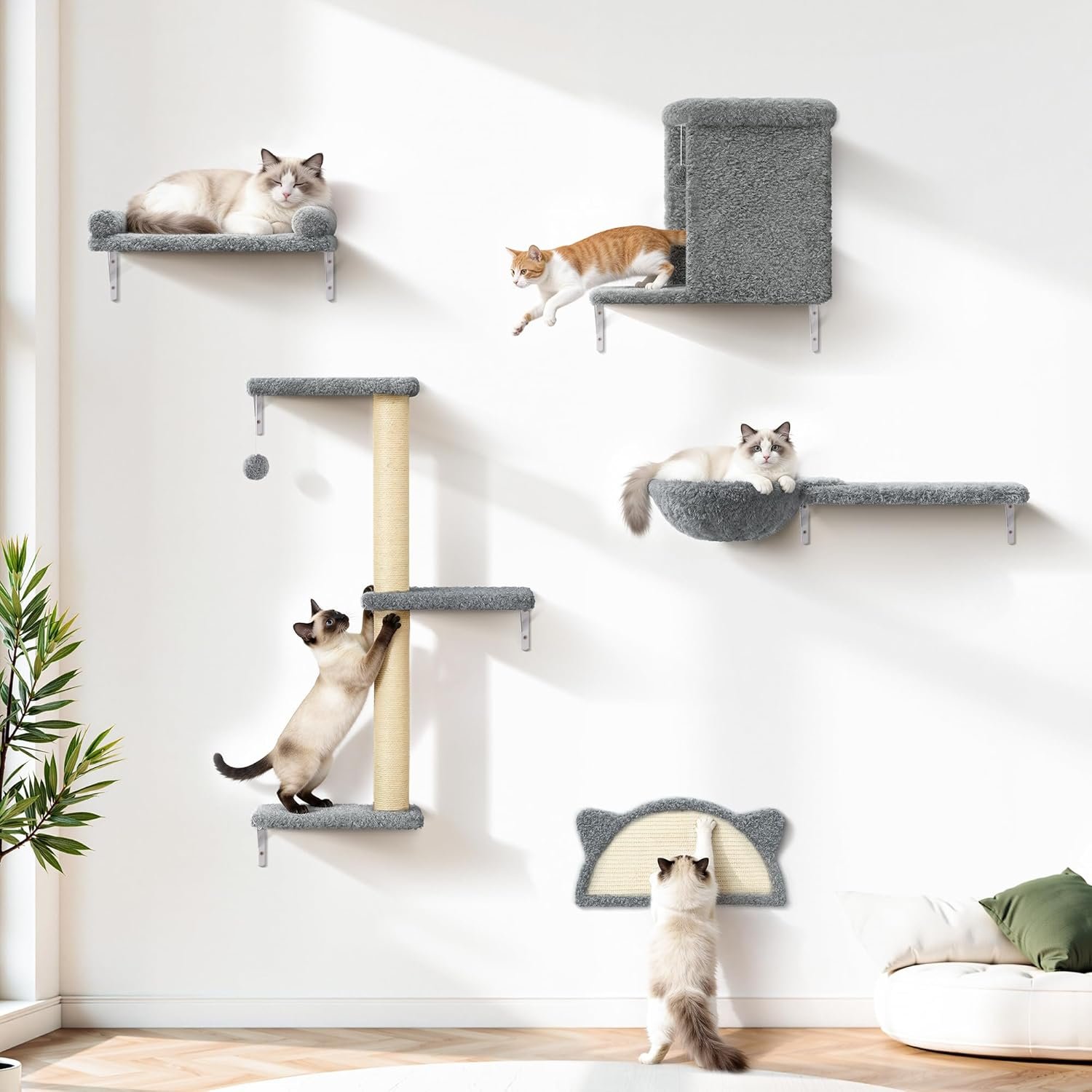 5-in-1 Cat Wall Shelves, Solid Wood & Velvet & Sisal Scratcher, 44lbs Max Load, Wall Mounted Cat Furniture for Climbers, Cat Climbing Wall System, Fits Drywall & Solid Walls – Cool Gray