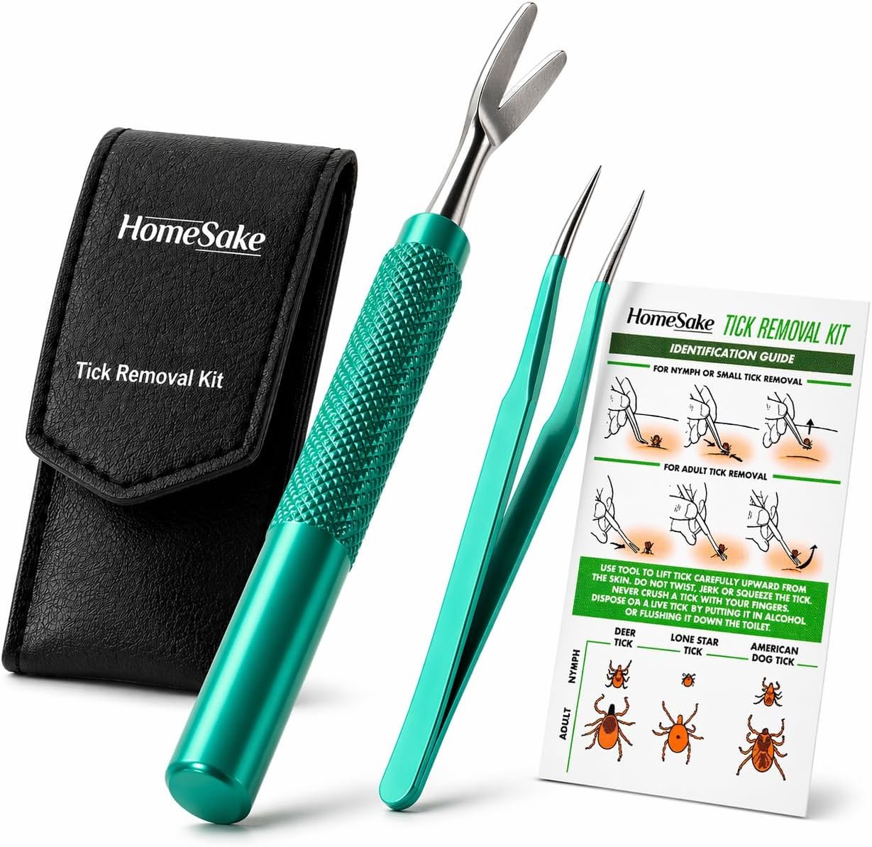 Homesake Tick Remover Tool for Dogs, Cats & Humans | Deer Tick Remover Kit | Stainless Steel Tick Removal Tool with Fine Tip Tweezers | Removes Entire Tick Head & Body | Pouch & ID Card