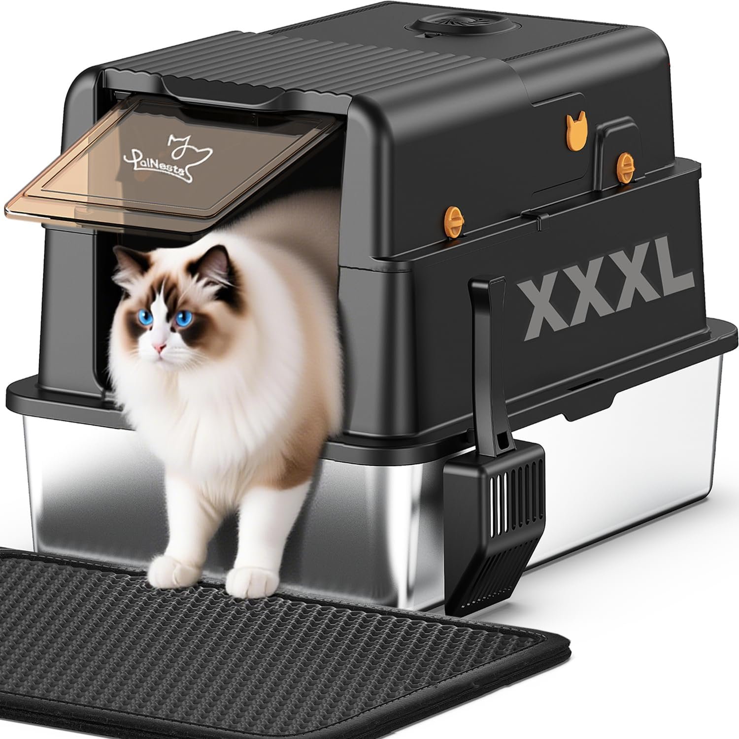 L8 Max-XXXL Stainless Steel Litter Box with Lid, 28″ L x 20.5″ W x 17.4″ H Large Cat Litter Box for Big Cats, Cat Litter Deodorizer Included, High Sided Enclosure with Scoop & Mat, Anti-Leakage-Black