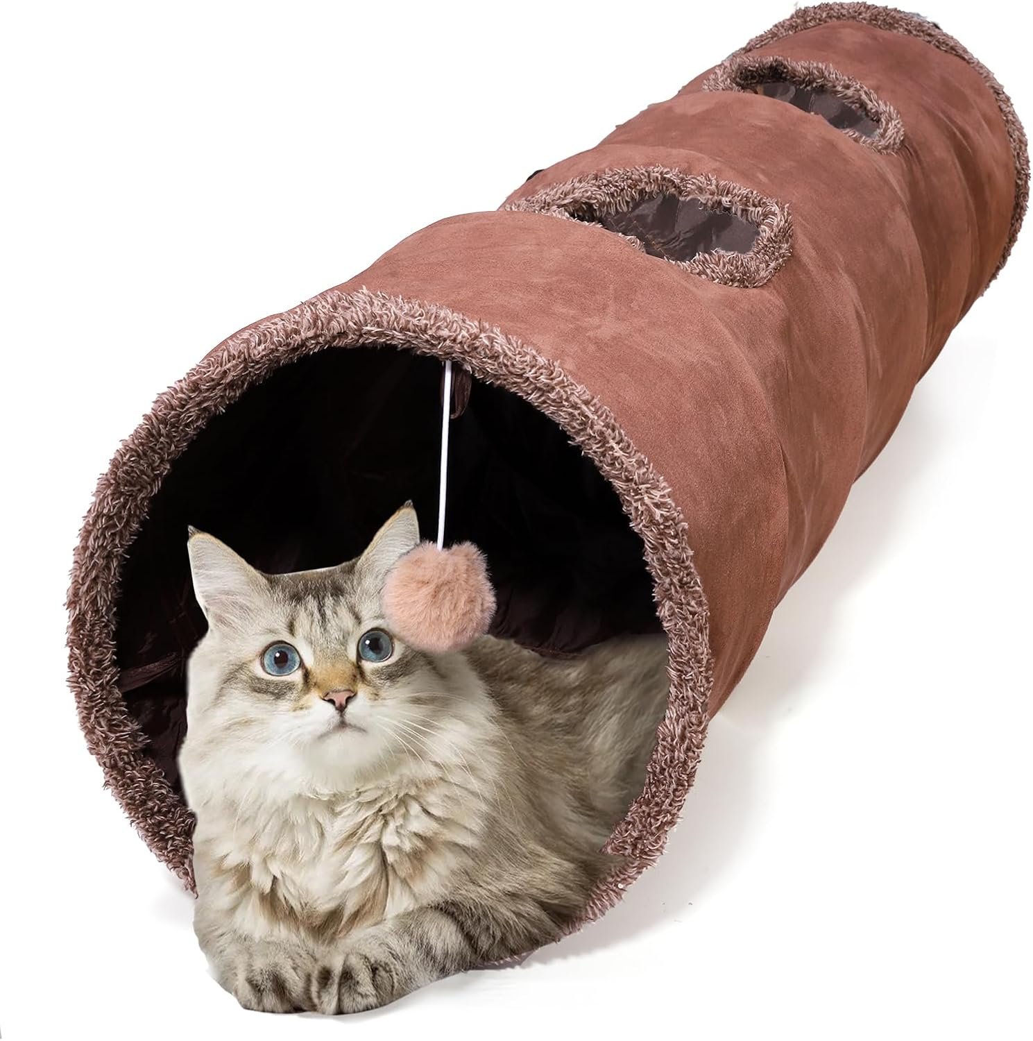 ZENFUN 51″x 12″ Collasiple Cat Play Tunnel, Cats Tubes and Tunnels, Cat Foldable Hide and Seek Tunnel Toy, Brown Suede Pet Tube Toy for Rabbits, Ferrets, Puppy, Diameter 12 Inch