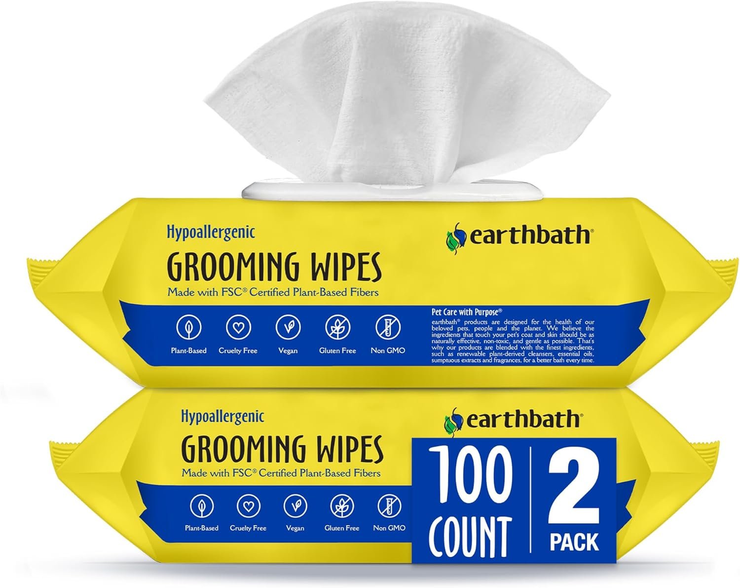 earthbath, Hypo-Allergenic Grooming Wipes – Fragrance Free Dog Wipes for Paws and Butt, Best Pet Wipes for Dogs with Sensitive Skin, Made in USA, Cruelty-Free Dog Cleaning Wipes – 100 Count (2 Pack)