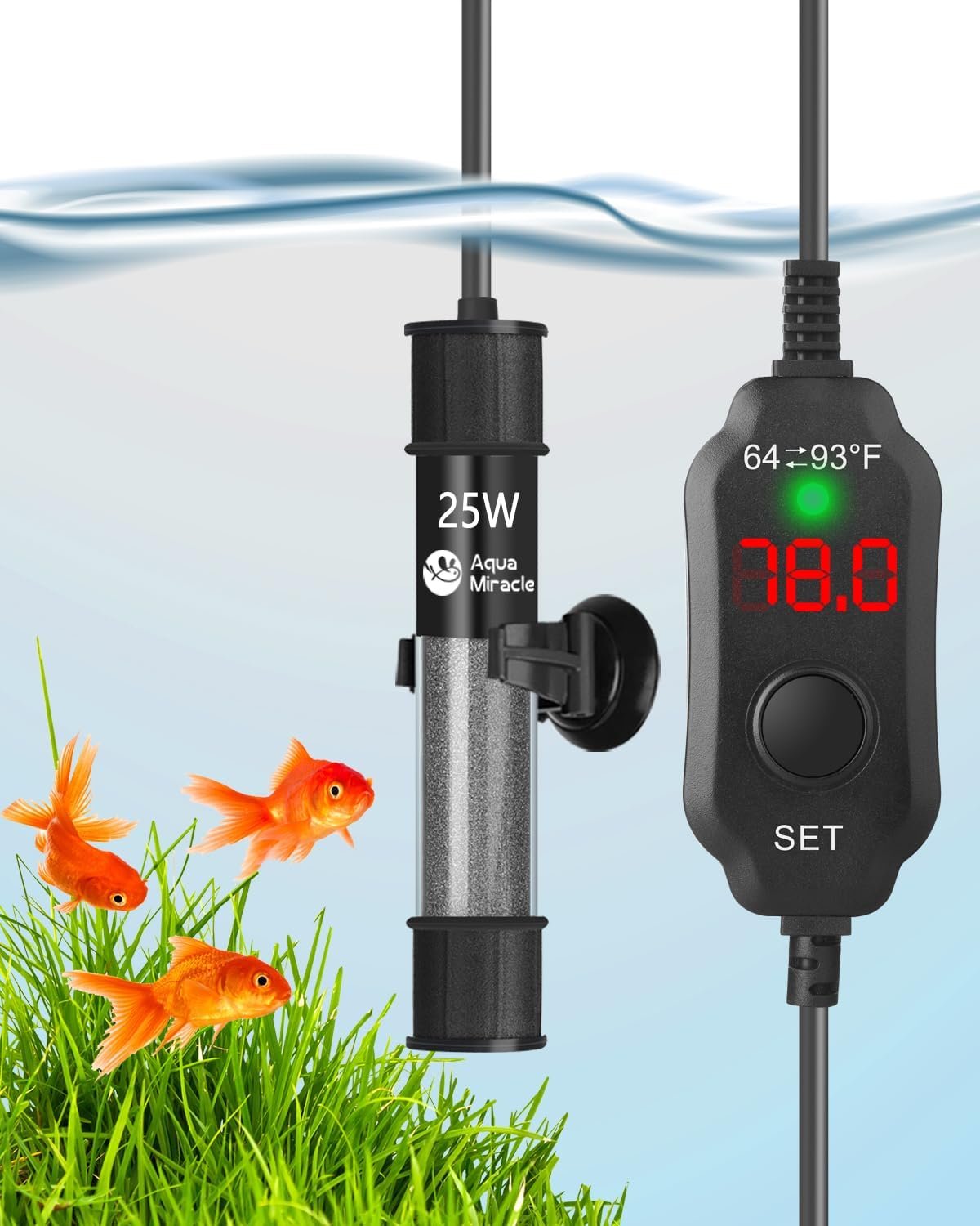 AquaMiracle Aquarium Heater 25W Fish Tank Heater for 3-5 Gal Tanks, LED Digital Display Thermostat Turtle Heater with Out-of-Water Auto Shut-Off, Overheat Protection & Memory Function