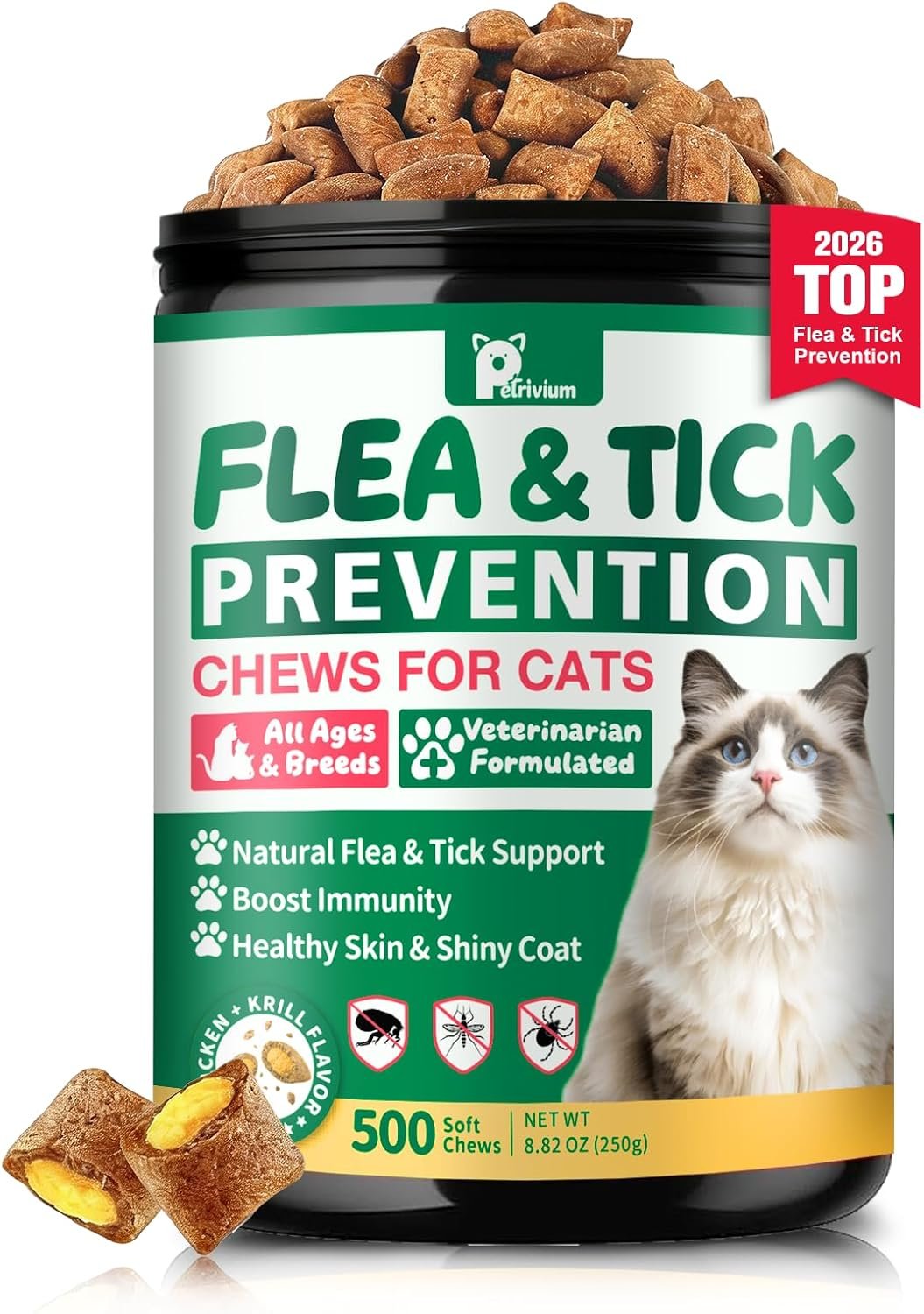 Flea and Tick Prevention for Cats, 500 Cat Flea Treatment, Natural Oral Flea Treatment for Cаts with Vitamins – Supports Skin & Coat, Digestive Health for All Breeds & Ages, Chicken Flavor