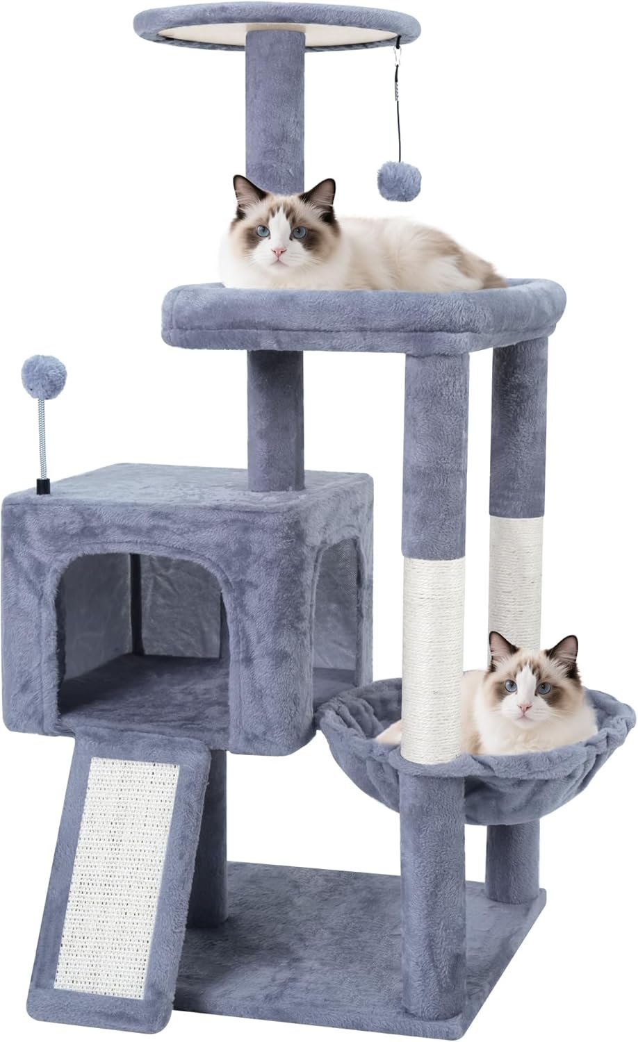 TWDEPART 37.5″ All-in-One Cat Tree Tower with Scratching Board & Posts Cozy Sleeping Perch Hammock and Toy Balls,Grey