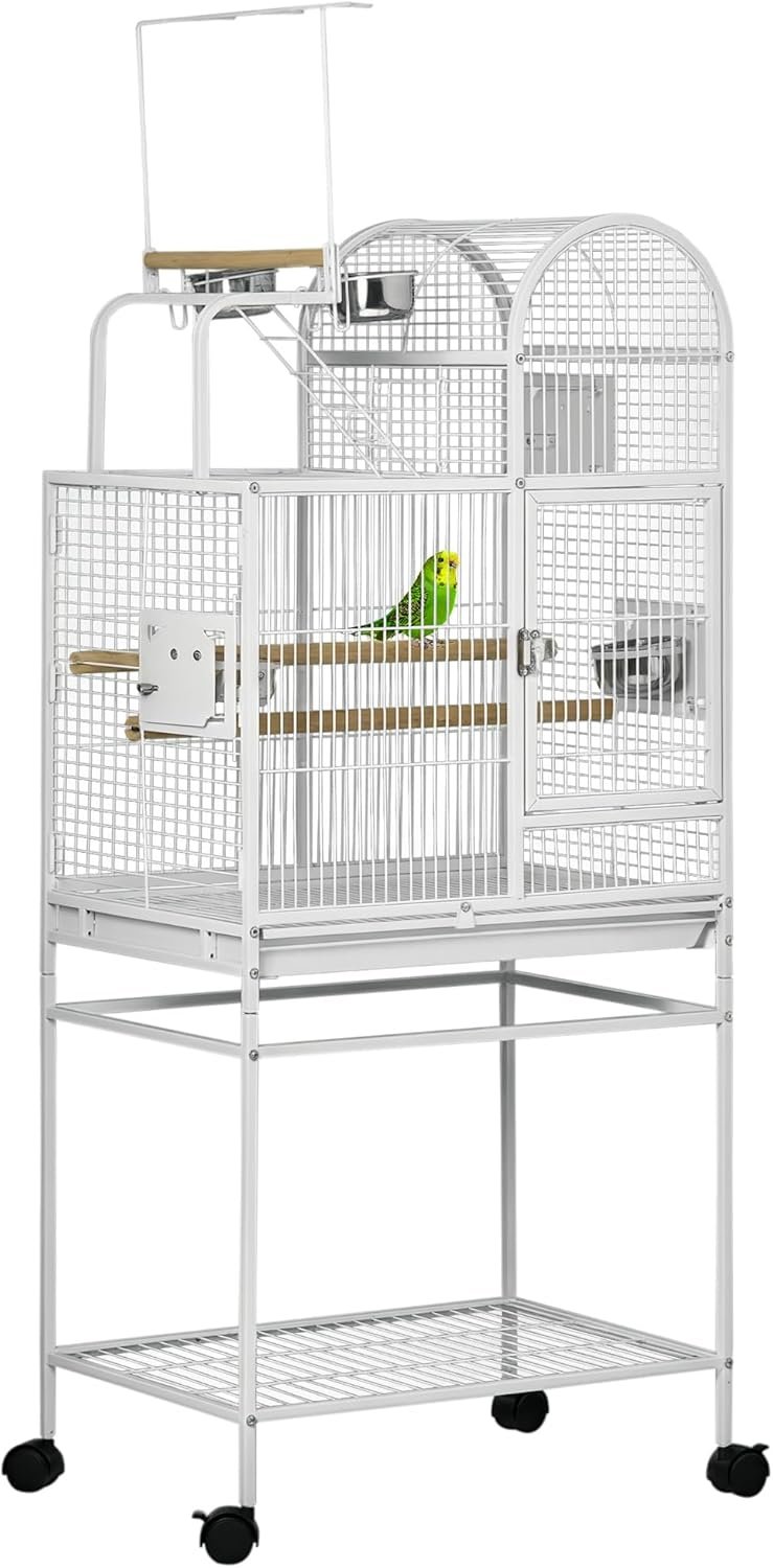PawHut 55″ Large Parrot Cage with Toy Hooks Above Top Bird Perch, Tray, Food Cups, Rolling Stand, Bird Cage for Cockatiels, Parakeets, Lovebirds