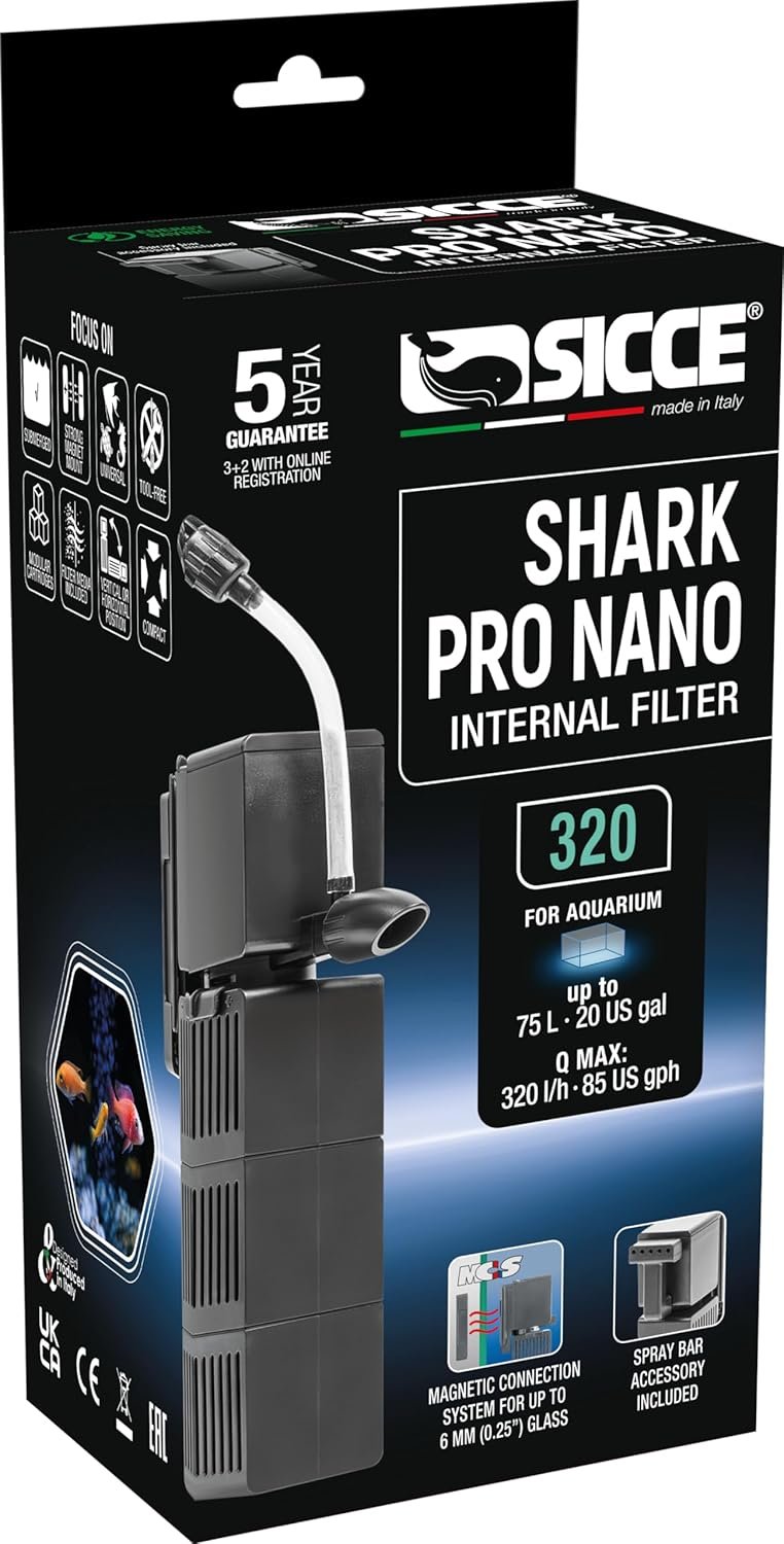 Sicce Shark Pro Nano 320 Internal 85 GPH Aquarium Power Filter up to 20 Gallon Aquariums | Quiet Spray Bar Mini Fish Turtle Pond Tank