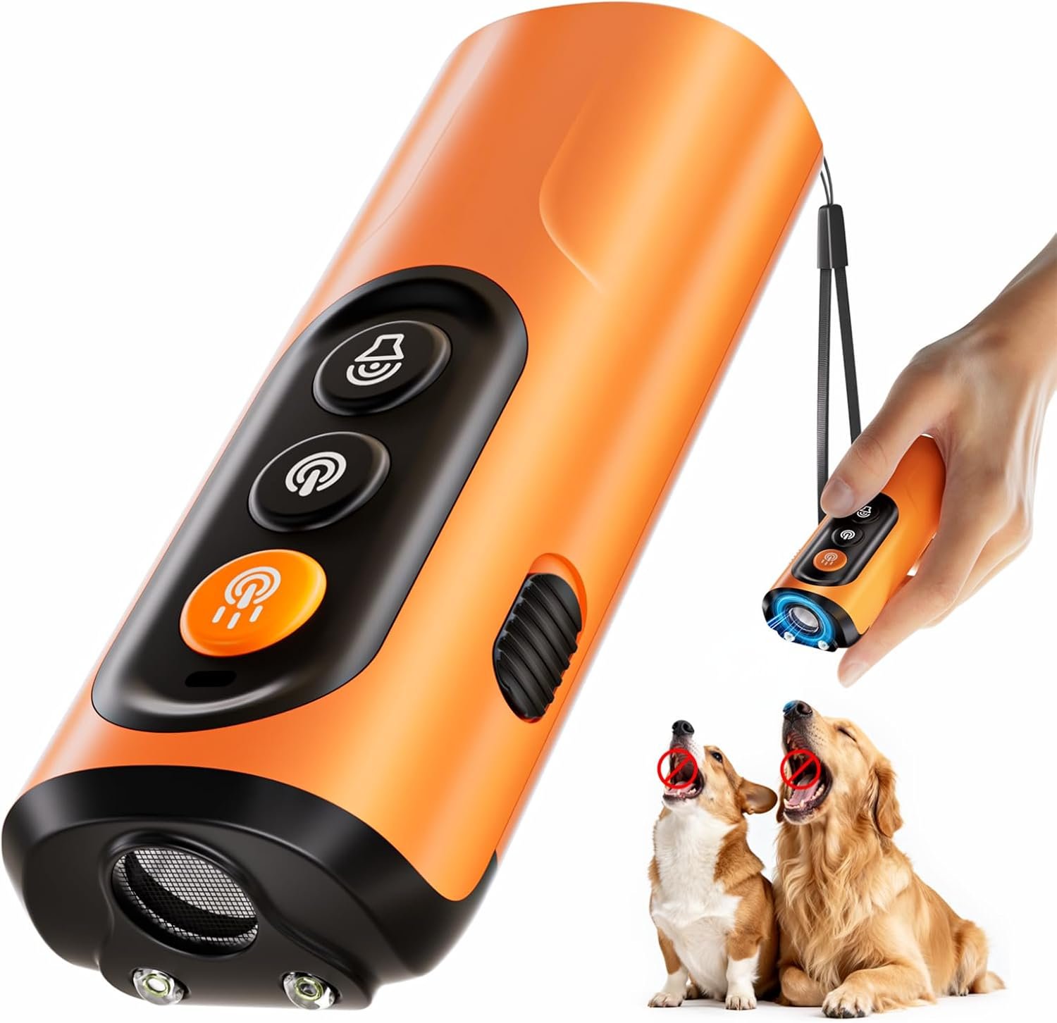 Dog Bark Deterrent Device & Anti Barking Device for Dogs, 50FT Ultrasonic Dog Trainer – Silent to Humans, Safe, Humane, Long-Lasting Rechargeable Orange Handheld with LED, Indoor/Outdoor