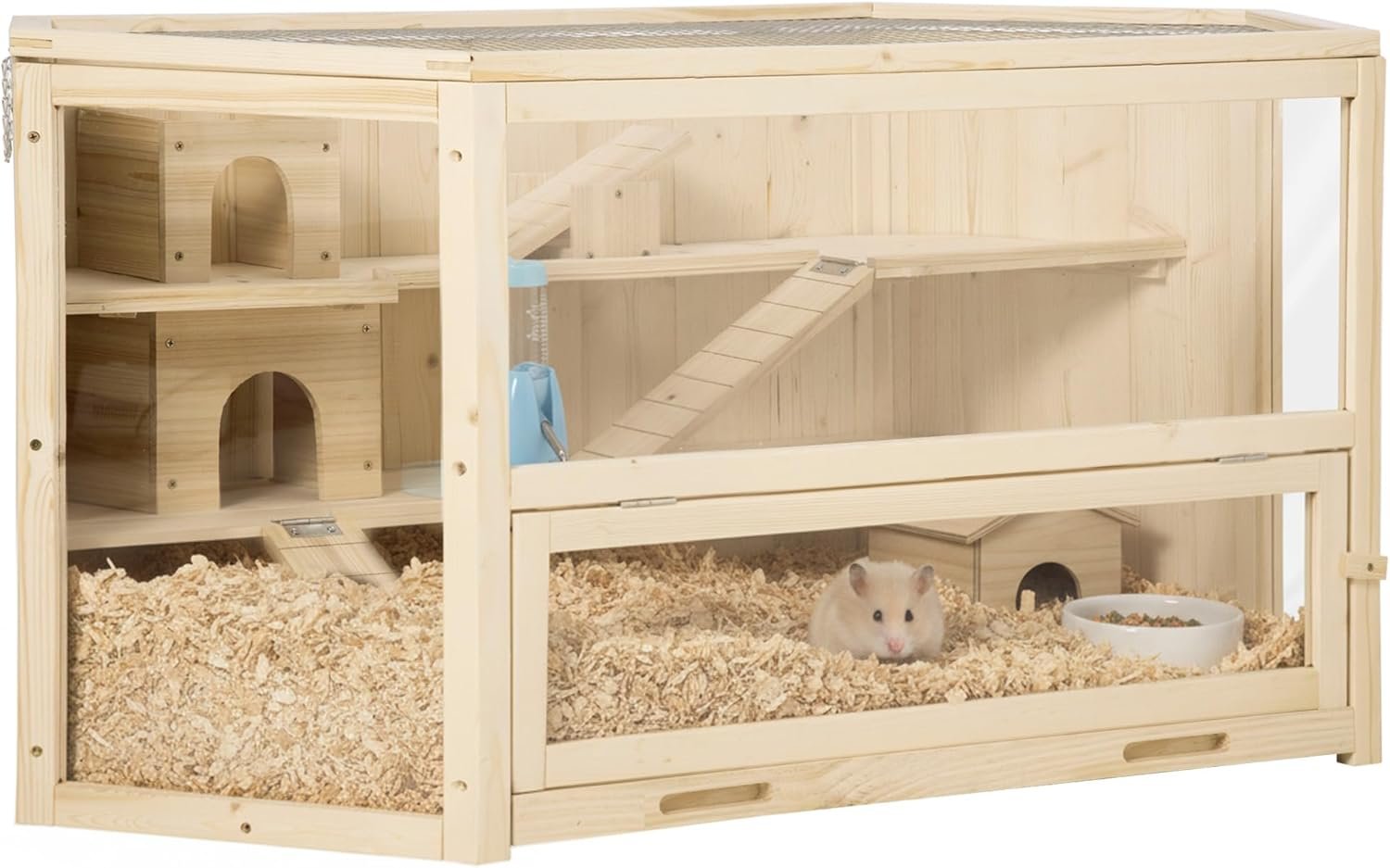 PawHut Wooden Large Hamster Cage, Rat Habitat, 3 Tier Small Animal Exercise Play House with Tray, Water Bottle, Activity Center, Natural