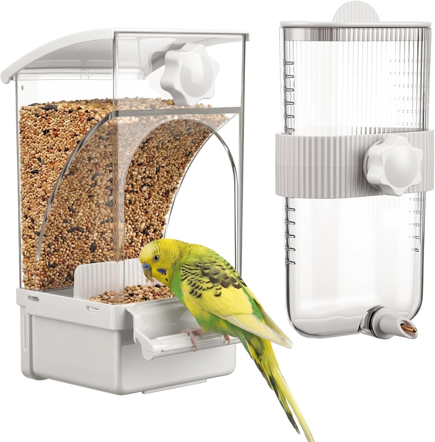Novabright No Mess Bird Feeder Water Dispenser Set, Automatic Transparent Bird Food Container and 12 oz Automatic Water Feeder for Small Birds Parrot, Cockatoo, Canary, Cage, Lovebird, Budgies(White)
