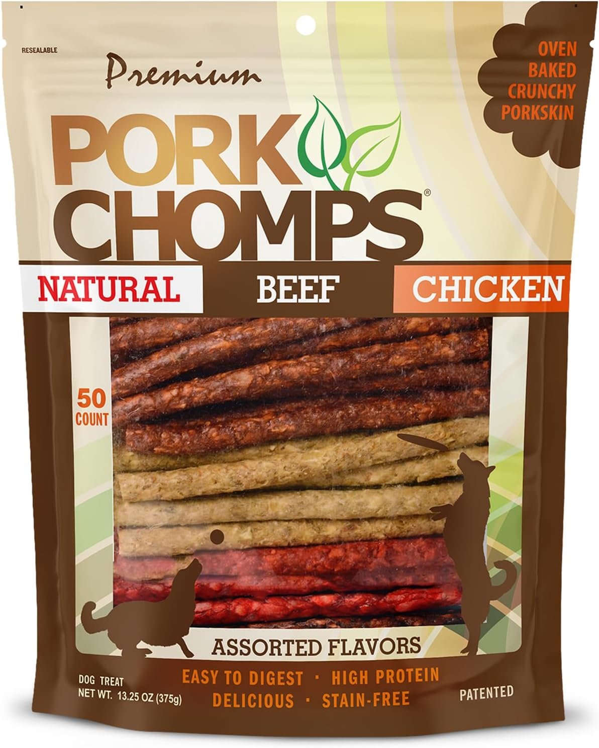 Pork Chomps Dog Chews, 5 Inch Munchy Sticks, 50 Count – Assorted Flavors: Roasted Pork, Chicken, & Bacon – Long-Lasting Treats for Dogs – High Protein, Low Fat, Healthy & Delicious Chews (1 Pack)