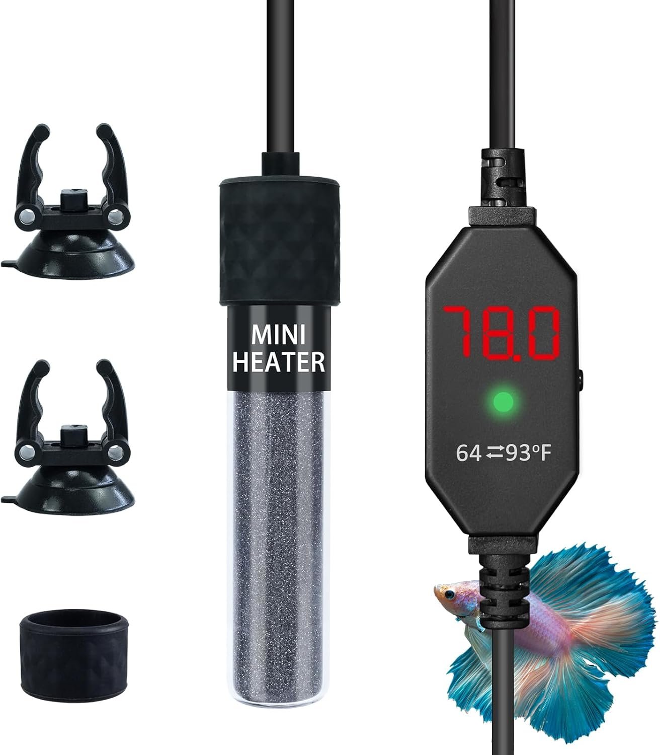 Small Submersible Aquarium Heater, Adjustable Mini Fish Tank Heater 25W 50W 100W 150W with External Temperature Controller, Digital Display, for 5/10/20/30 Gallons (25W)