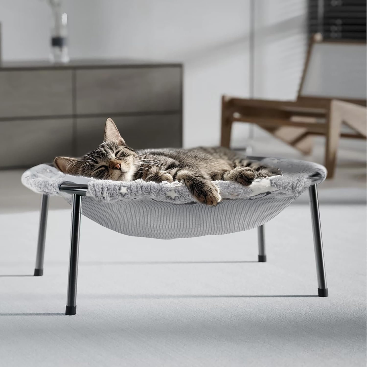 Elevated Cat Bed, Glow-in-The-Dark Fabric Cat Hammock Bed for Large Indoor Cats, Machine Washable & Breathable Cover, Tool Free Easy Assembly, up to 66Lbs (Gray, L)