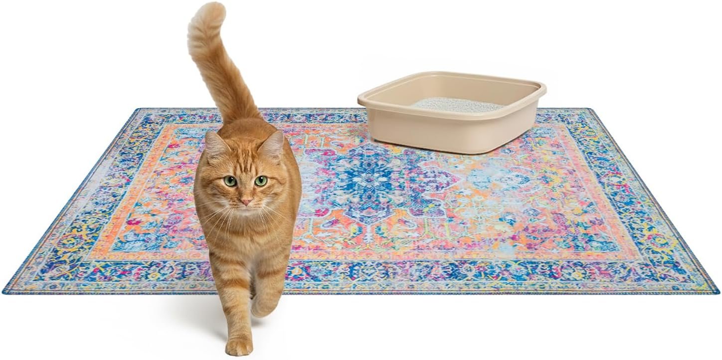 Lovewag Pets Cat Litter Mat 2 Pack – Large 36×48 Machine Washable Easy Clean Non-Slip Waterproof Trapping Mats for Cats – (Marmalade Sunshine)