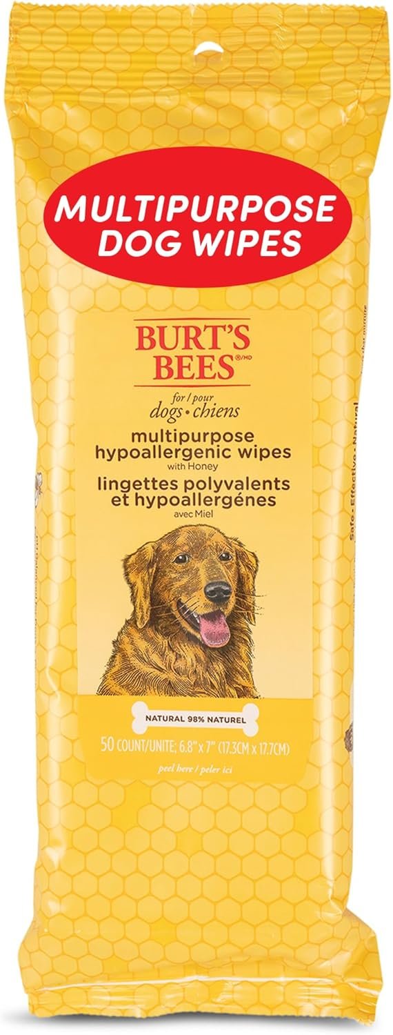 Burt’s Bees for Pets Honey Multipurpose Dog Grooming Wipes, Gentle Hypoallergenic Spot Cleaning Sheets, pH Balanced Natural Origin Formula for Paws, Face and Butt, 50 Count