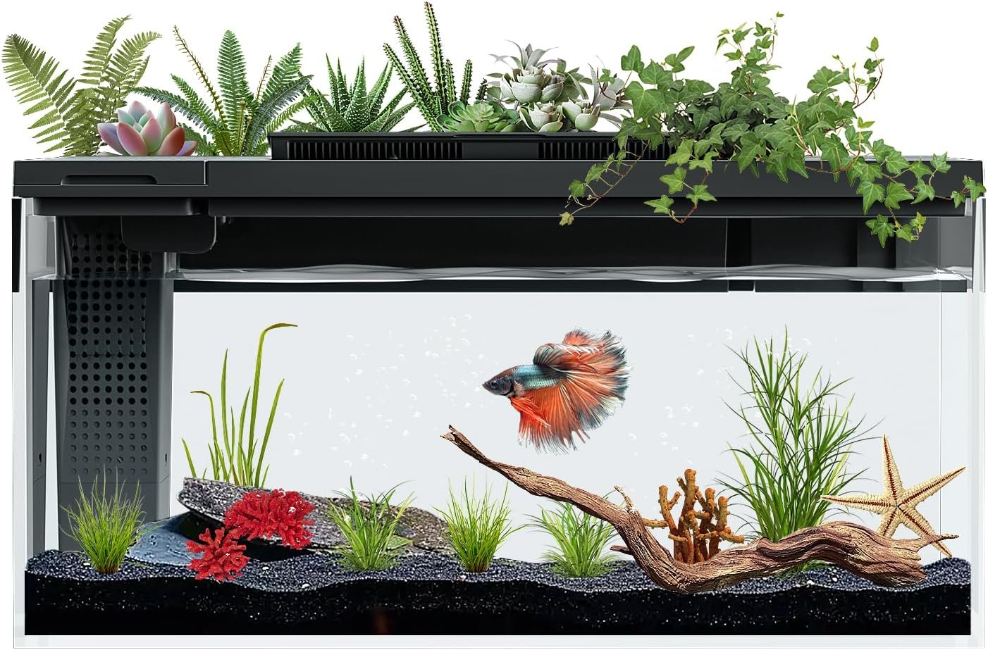 ERAARK 3.7 Gallon Betta Fish Tank self Cleaning,Smart Aquarium Aquarium kit with Filter Light Water Pump (Black)