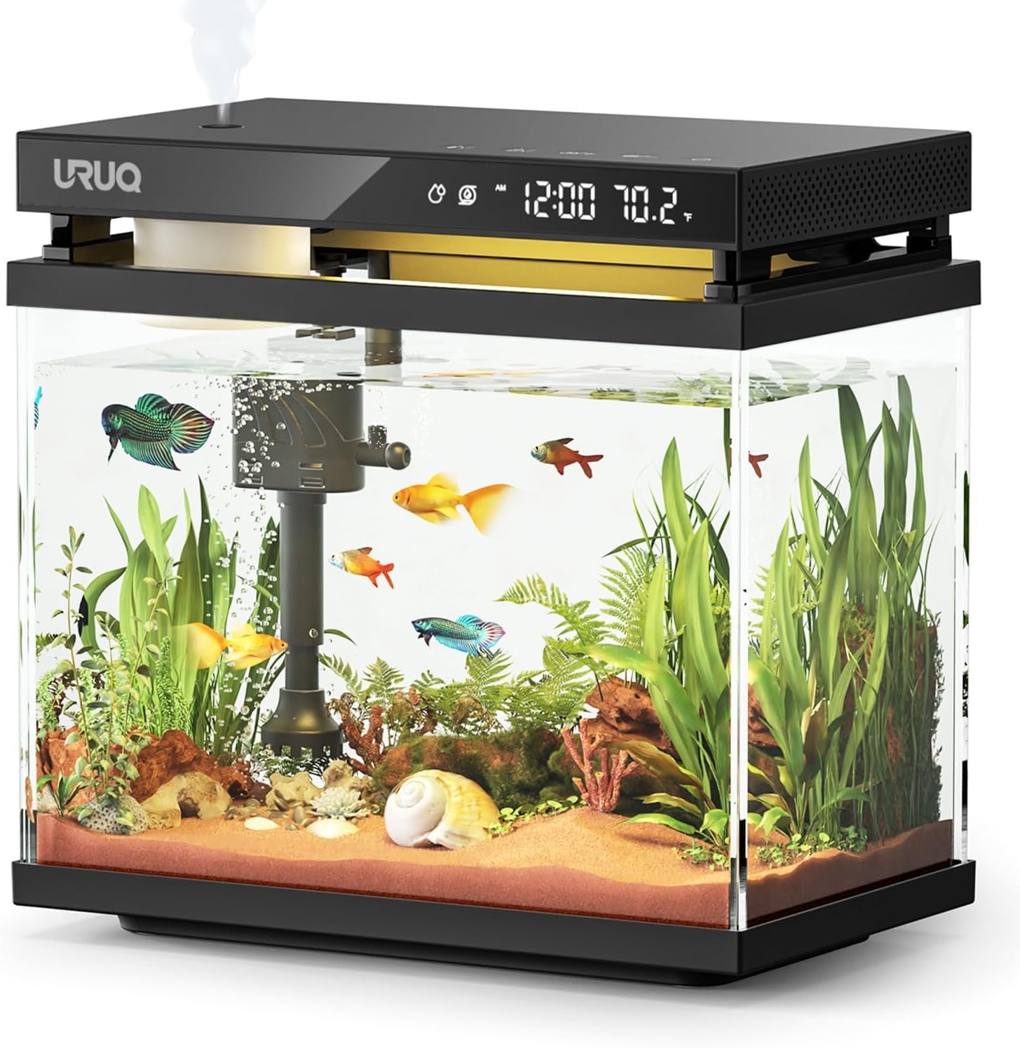 Fish Tank Smart Aquarium Kit: 2 Gal UHD Glass Silent Water Pump Self Cleaning System Temperature Monitoring Essential Oil Diffuser with Humidifier 7 Color Lights Multi-Layer Filtration System – Black