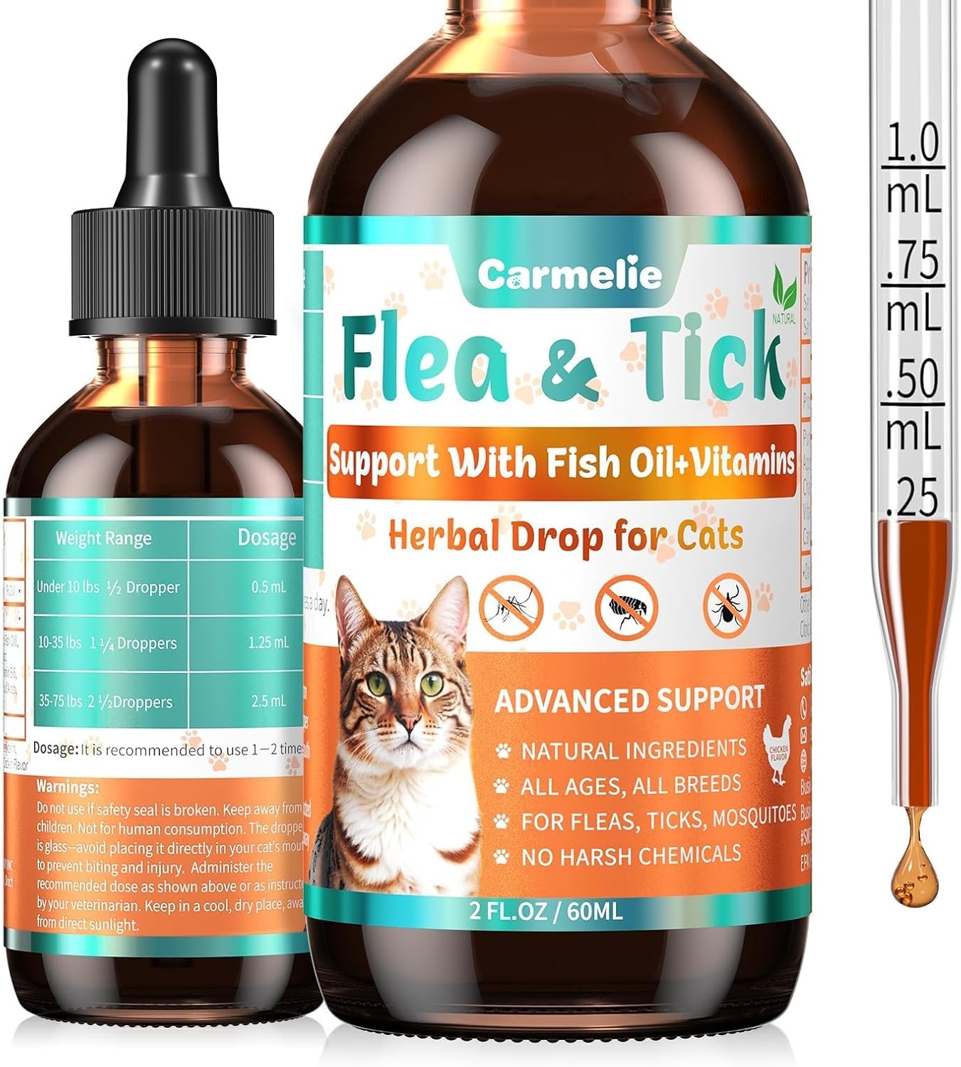 Flea and Tick Prevention for Cats, Natural Cat Flea Liquid Drops, Flea & Tick Supplement with Vitamins & Fish Oil for Cats Healthy Skin & Coat – All Breeds, Kittens to Senior Cat – Chicken Flavor