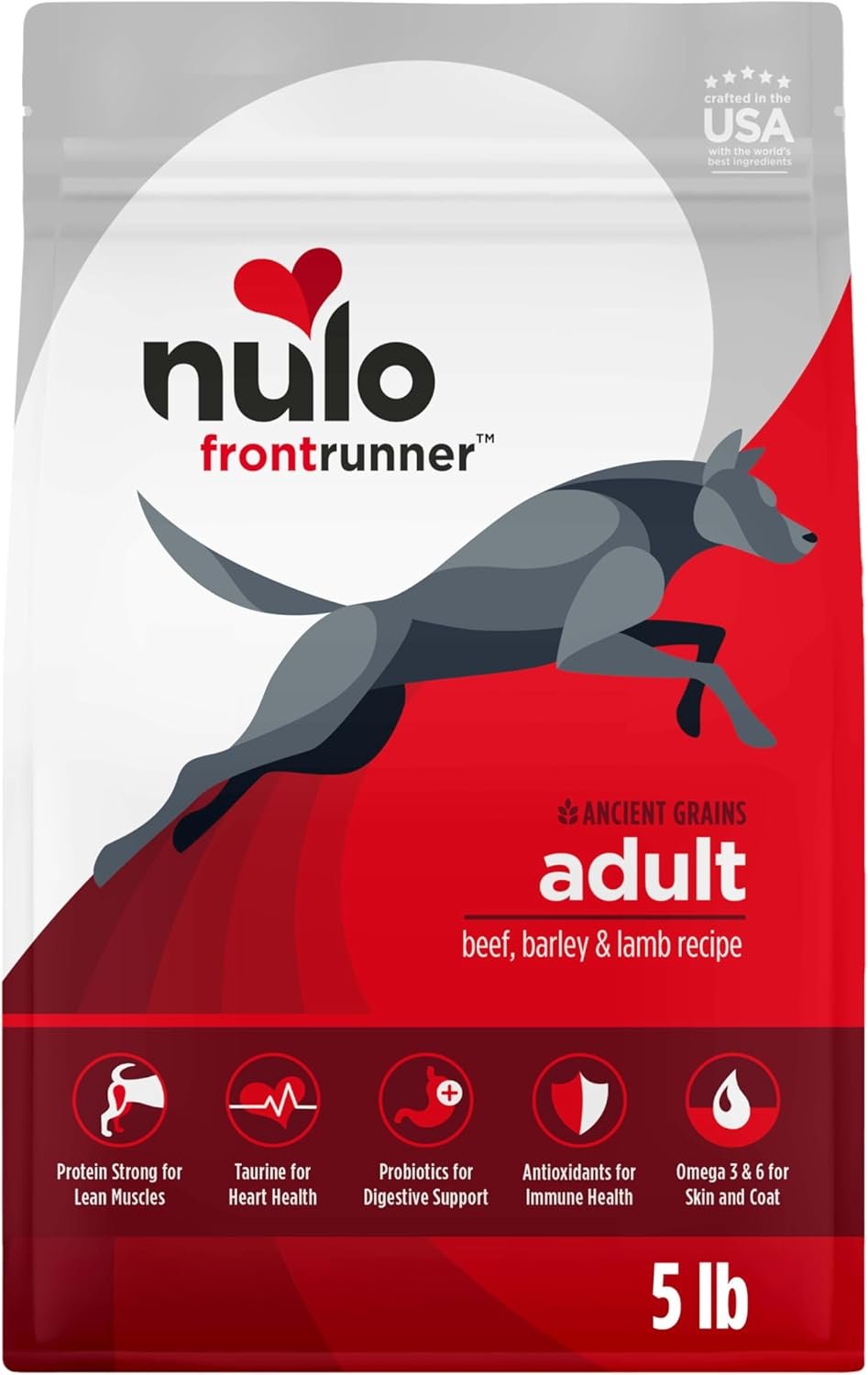 Nulo Frontrunner Dry Dog Food – Adult High-Protein Beef, Barley & Lamb Recipe, Natural Kibble with Ancient Grains, Probiotics, Taurine, Omega 3 for Small, Medium and Large Breeds, 5lb Bag