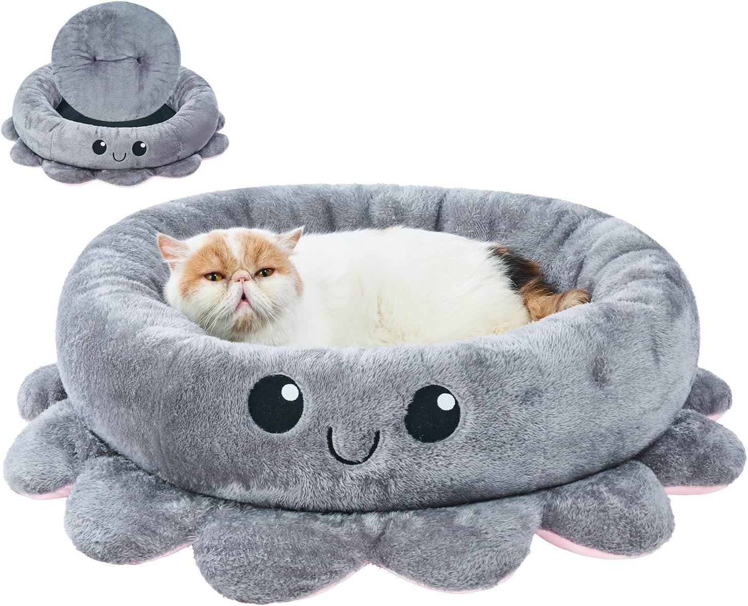 Jiupety Cute Calming Dog Beds Clearance for Medium Small Dogs, Anxiety Bolster Dog Bed with Octopus Shape, Grey, M, Boho, Round Pet Bed Cat with Removable Cushion