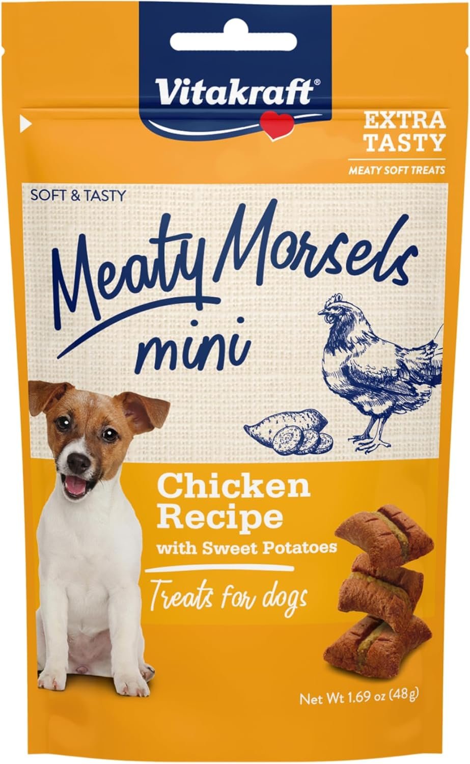 Vitakraft Meaty Morsels Mini Dog Treats – Over 70% Real Meat – Chicken & Sweet Potatoes – Extra-Soft, for All Dog Sizes & Ages – Training – Tender Treats – Resealable 1.69 oz Bag