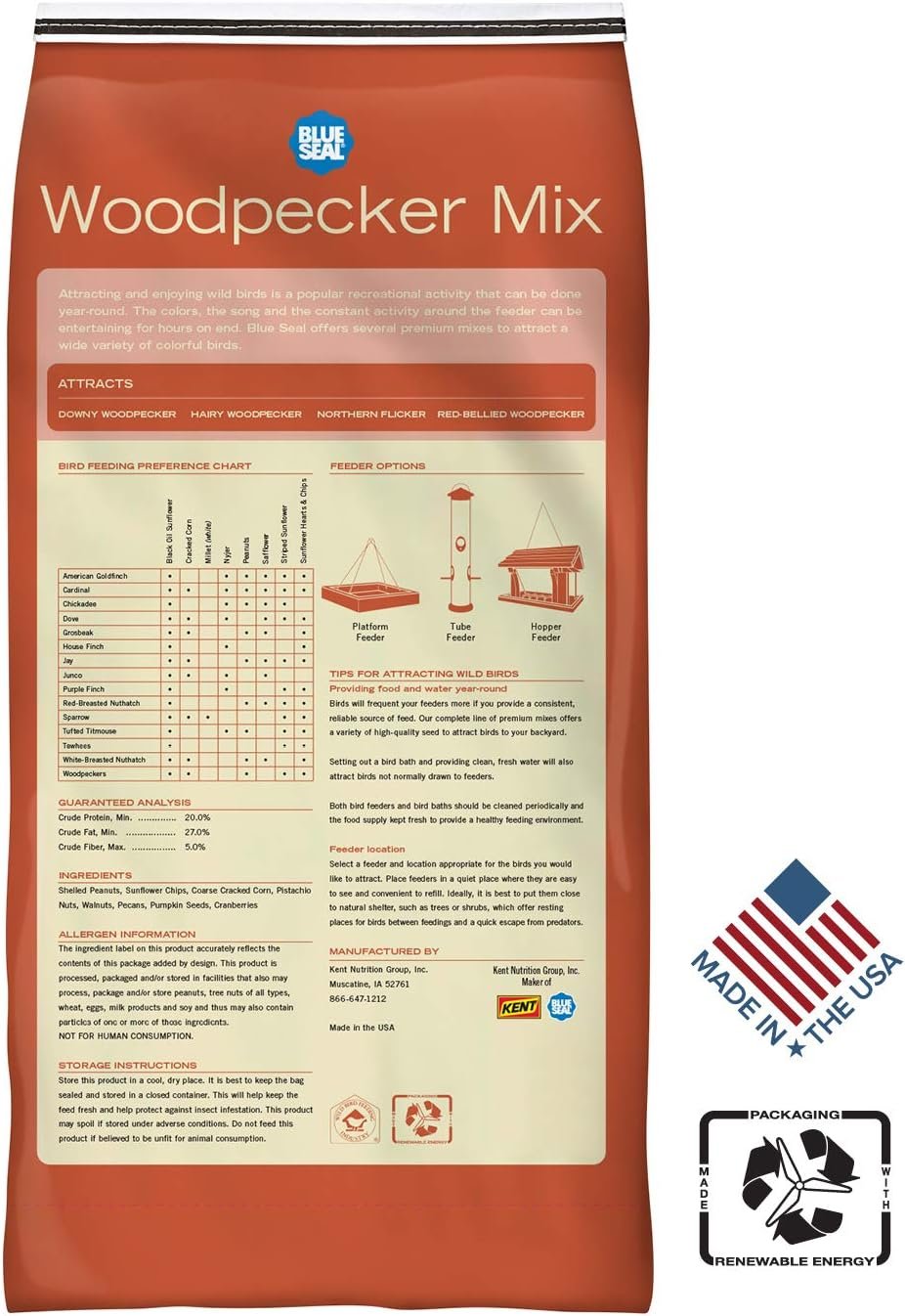 Blue Seal Woodpecker Mix Wild Bird Seed | Premium Blend of Nuts, Sunflower Seeds, and Fruit | Attracts Wide Variety of Wild Outside Birds | Convenient Shell-Free Mix | Made in USA | 8 Pound Bag