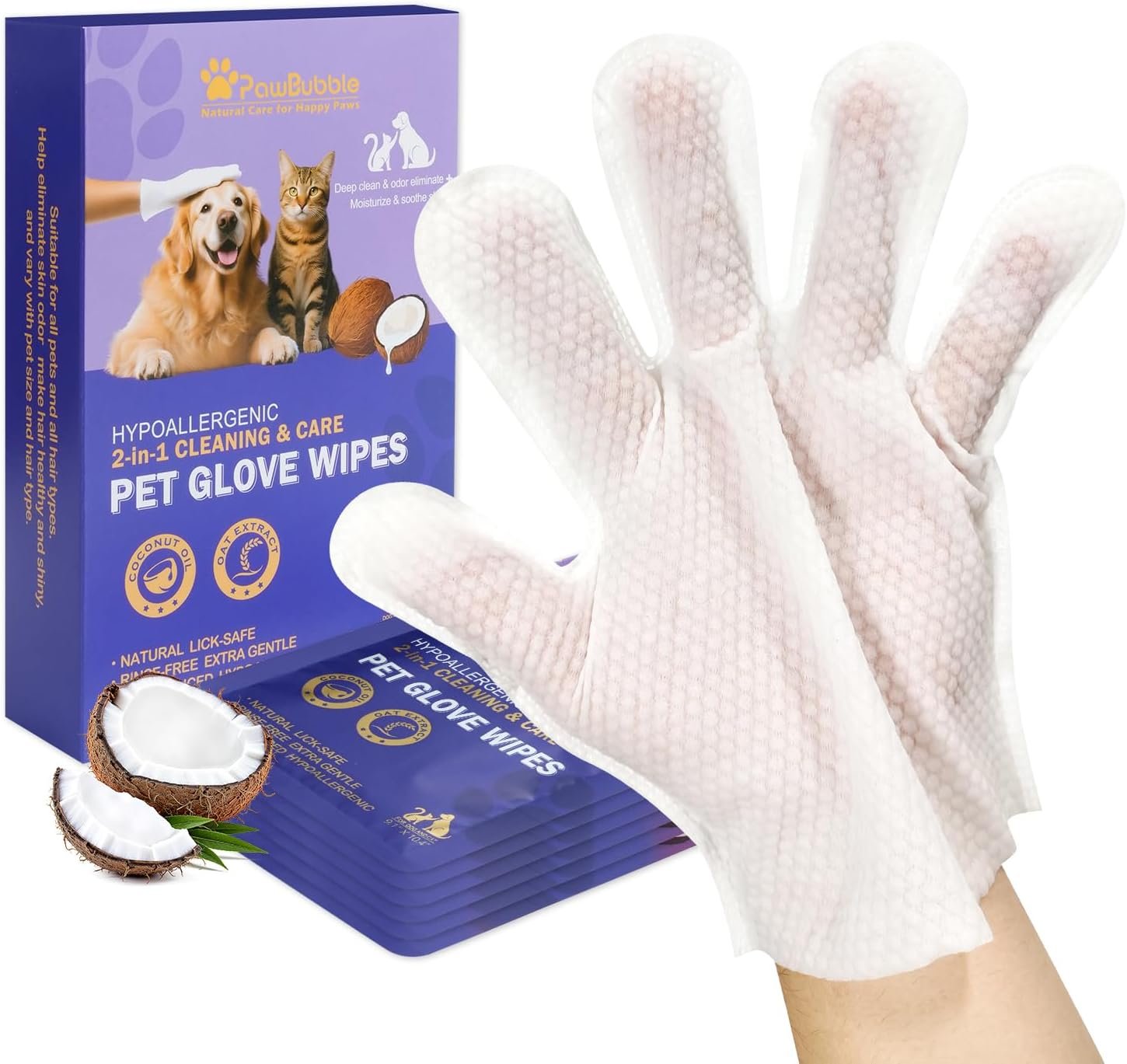 Pet Wipes, Cleaning Glove Wipes for Dogs & Cats Hypoallergenic, Lick-Safe, Full-Body Grooming & Deodorizing Wipes for Daily Care & Travel Friendly (6 Packs)